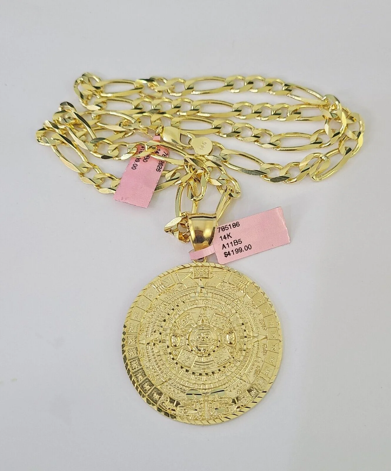 14k Figaro Chain Mayan Calendar Charm Pendant Gold 7mm 20-30 inch SET Necklace - Image 5