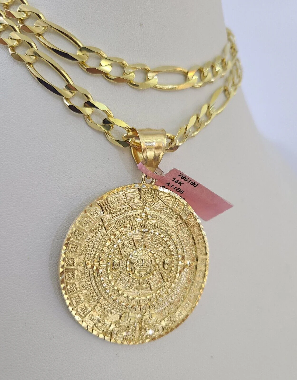 14k Figaro Chain Mayan Calendar Charm Pendant Gold 7mm 20-30 inch SET Necklace - Image 6