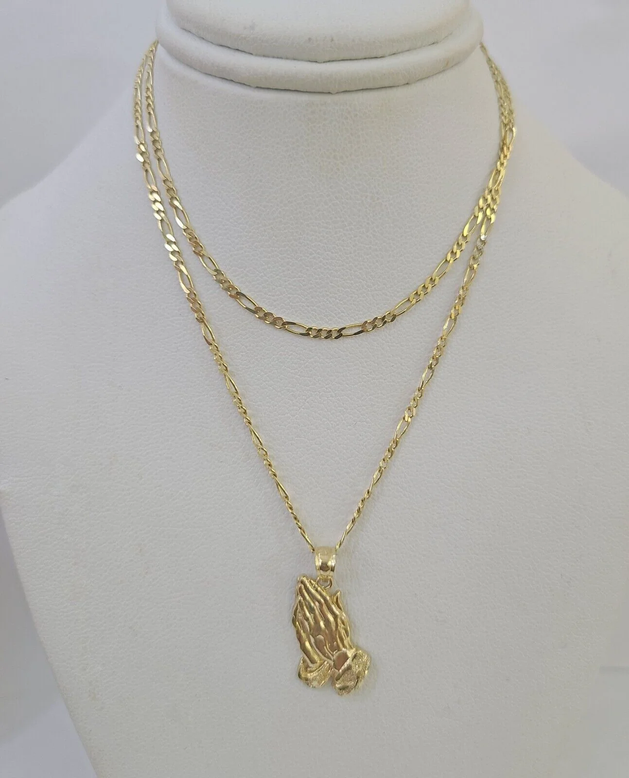 14k Figaro Chain Praying Hands Charm Pendant Gold 1.5mm 18"-24inch SET Necklace - Image 3