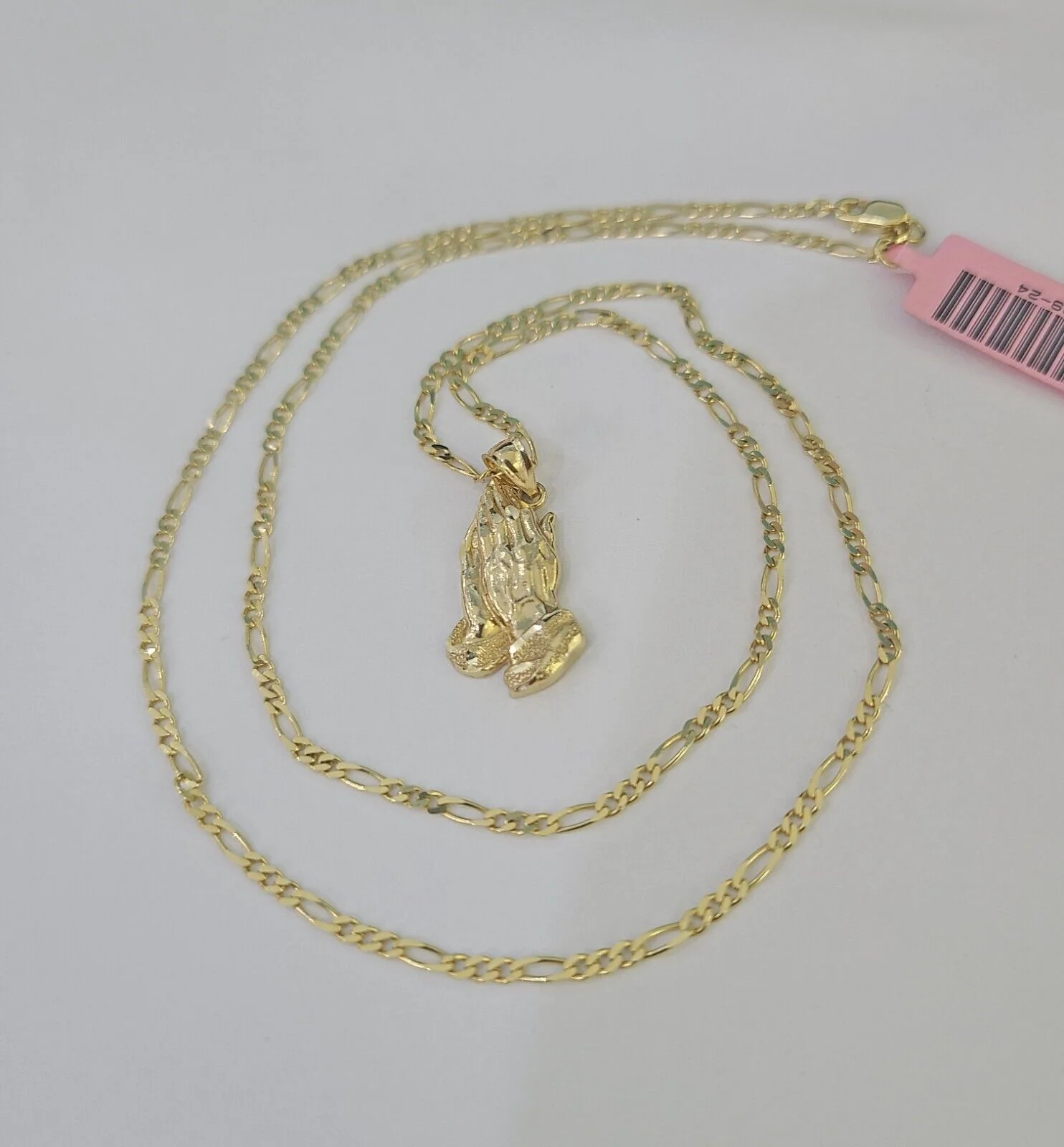 14k Figaro Chain Praying Hands Charm Pendant Gold 1.5mm 18"-24inch SET Necklace - Image 4