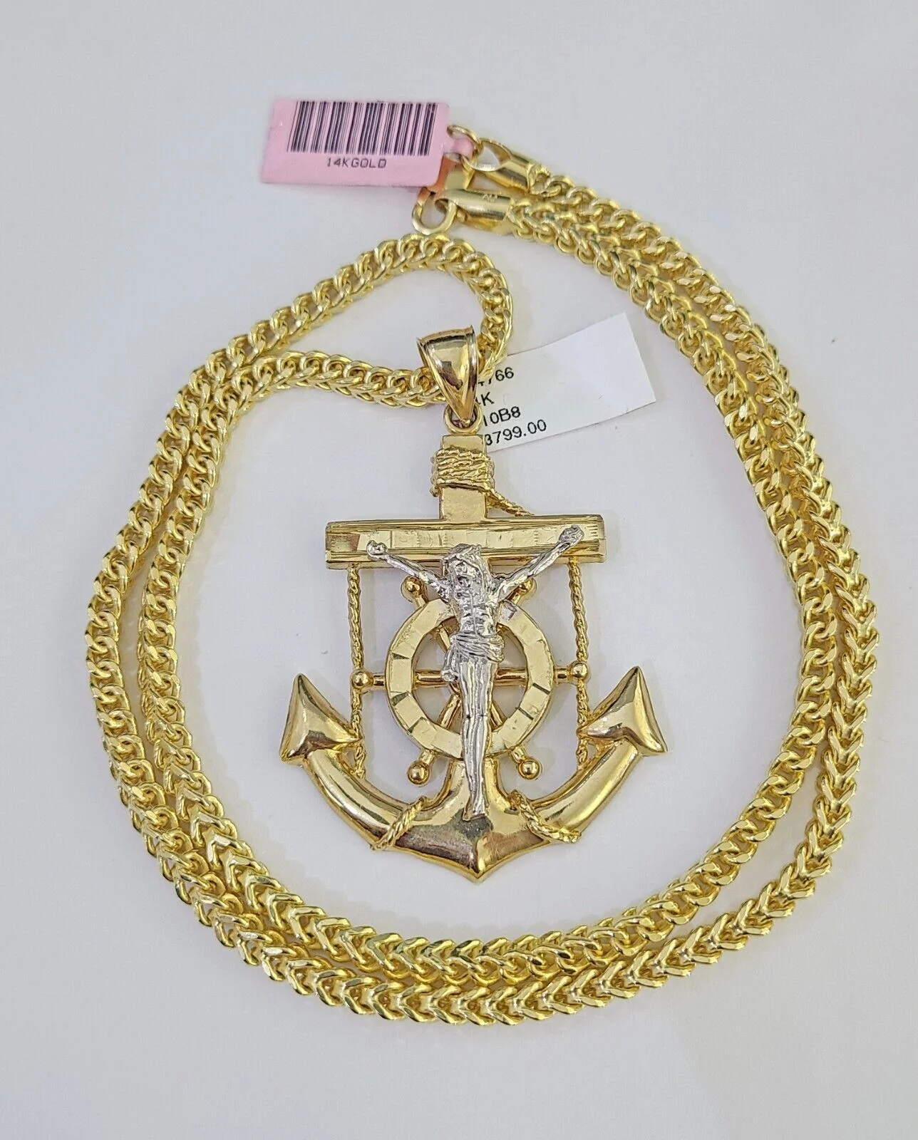 14K Franco Chain Jesus Anchor Pendant Charm Necklace 20"-26" 4mm Gold - Image 2