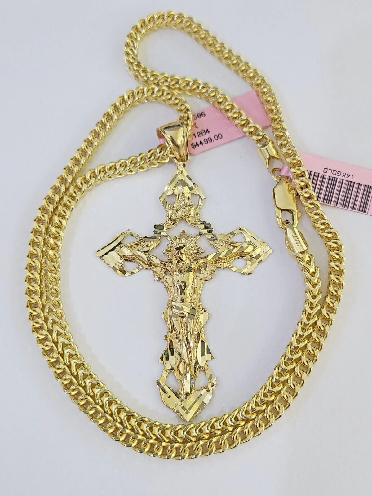 14K Franco Chain Jesus INRI Cross Pendant Charm Necklace 20"-26" 4mm Gold - Image 2