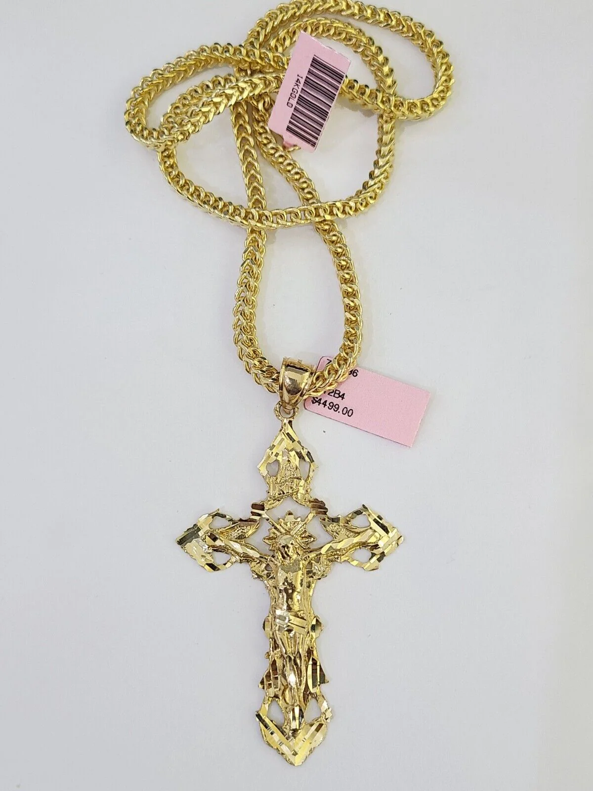 14K Franco Chain Jesus INRI Cross Pendant Charm Necklace 20"-26" 4mm Gold - Image 4