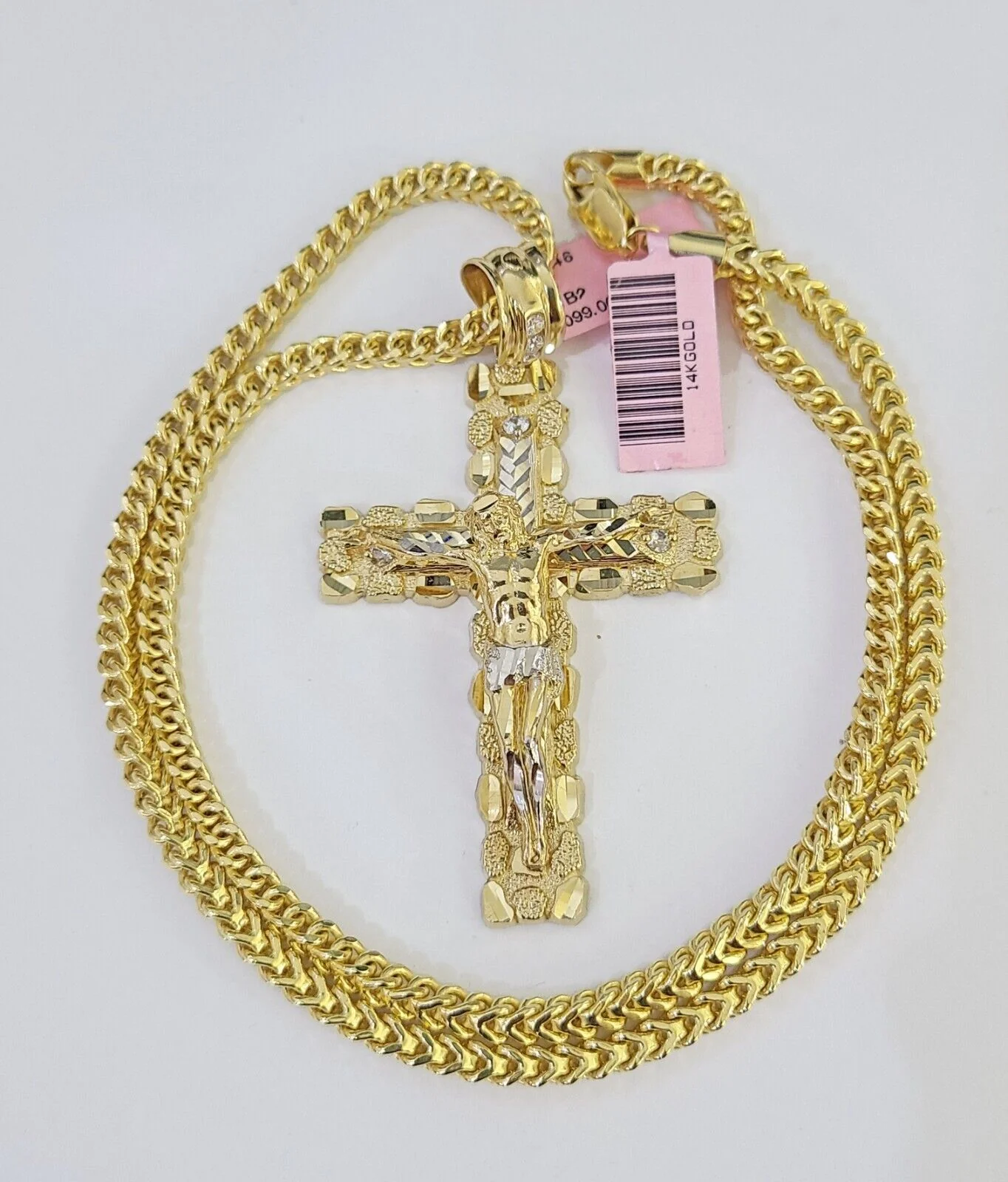 14K Franco Chain Jesus Nugget Cross Pendant Charm Necklace 20"-26" 4mm Gold - Image 2