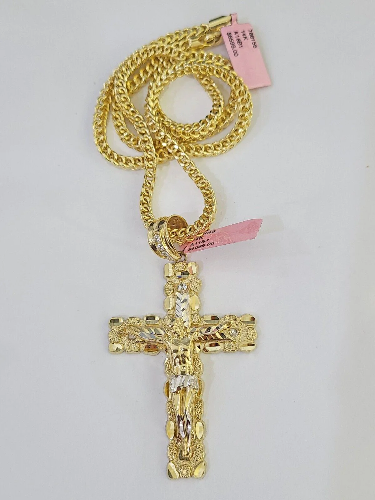 14K Franco Chain Jesus Nugget Cross Pendant Charm Necklace 20"-26" 4mm Gold - Image 5