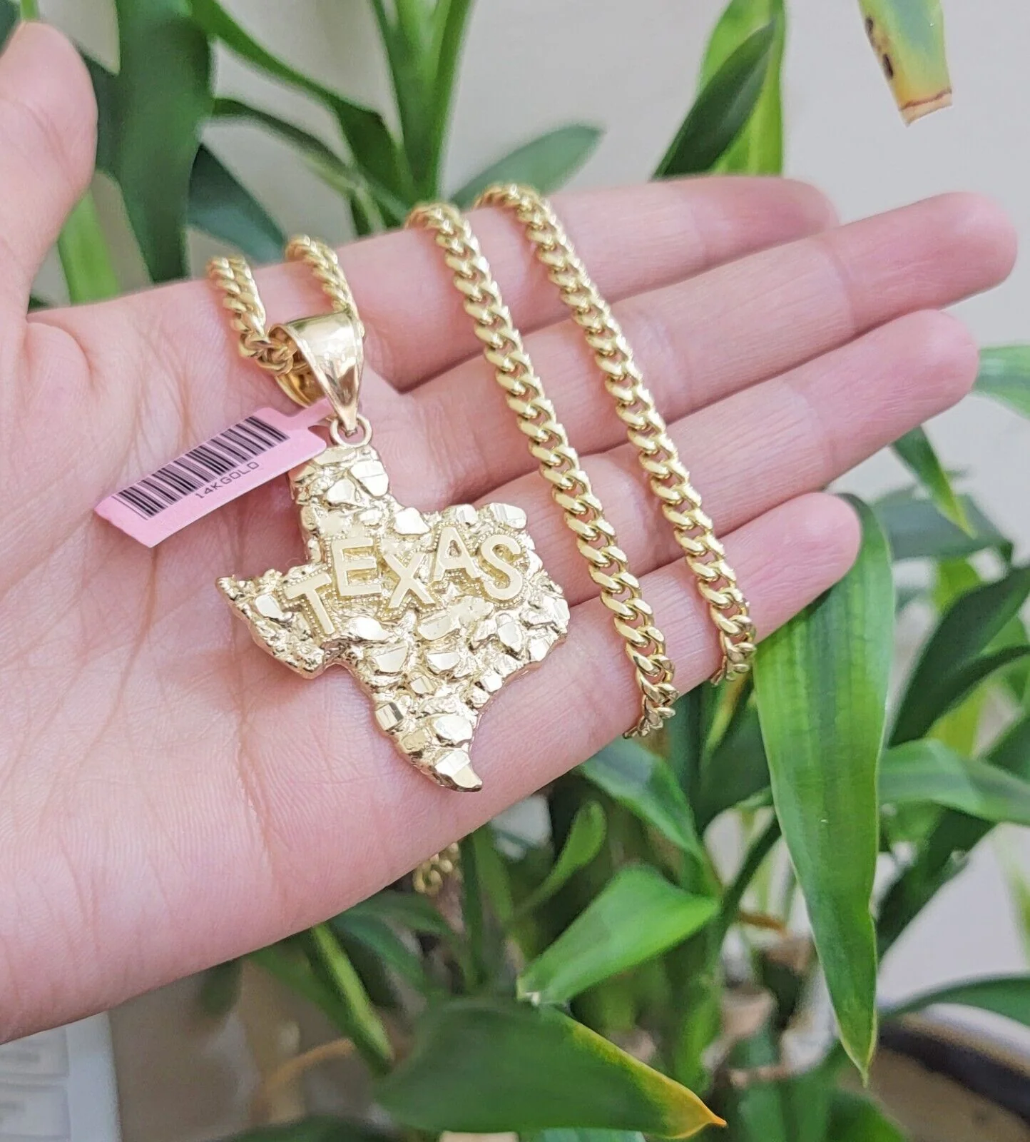 14k Gold Chain & Charm Nugget Texas map pendant Cuban Link Necklace 20 Inch 5mm - Image 2