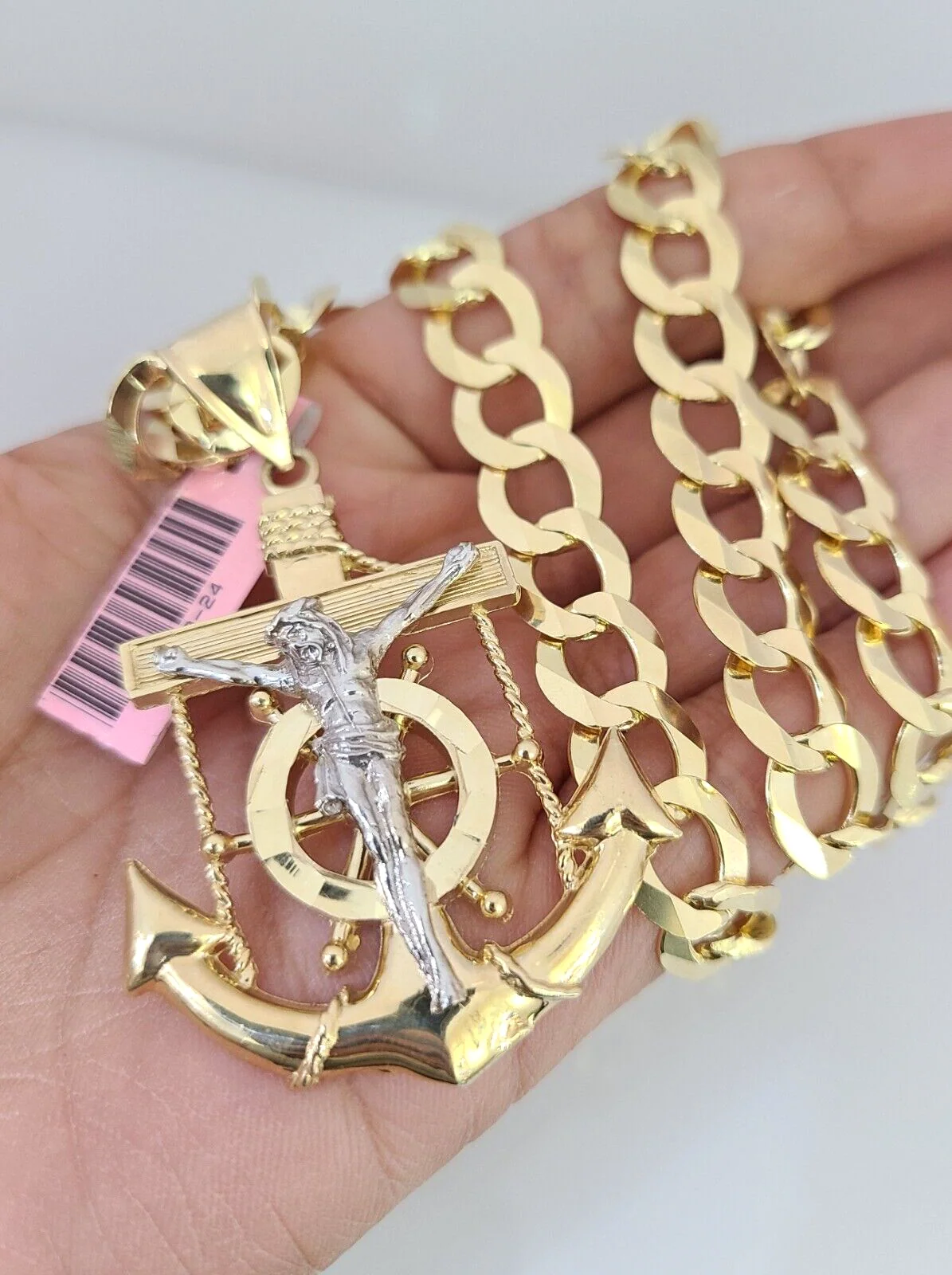14k Gold Chain Jesus Anchor Charm Solid Cuban Curb 10mm 20"-30" SET Necklace - Image 2