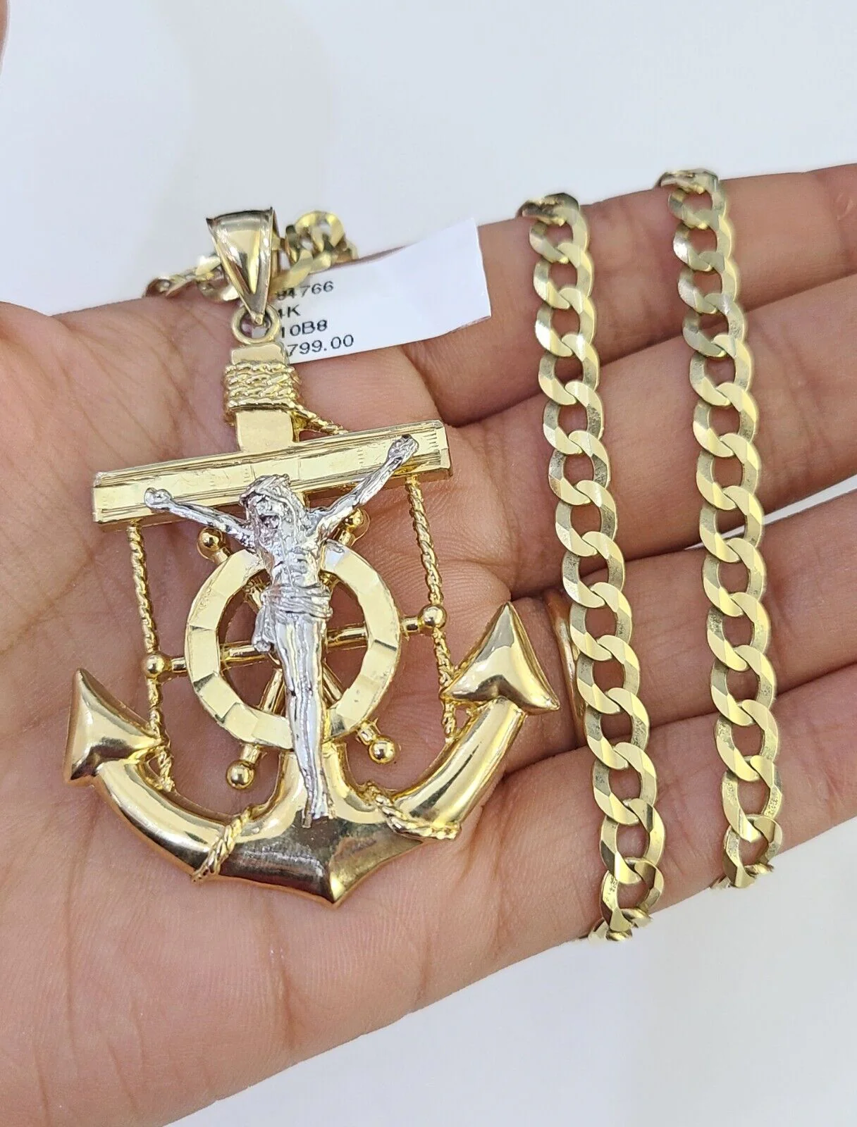 14k Gold Chain Jesus Anchor Charm Solid Cuban Curb 5mm 20"-26" Inch SET Necklace - Image 2