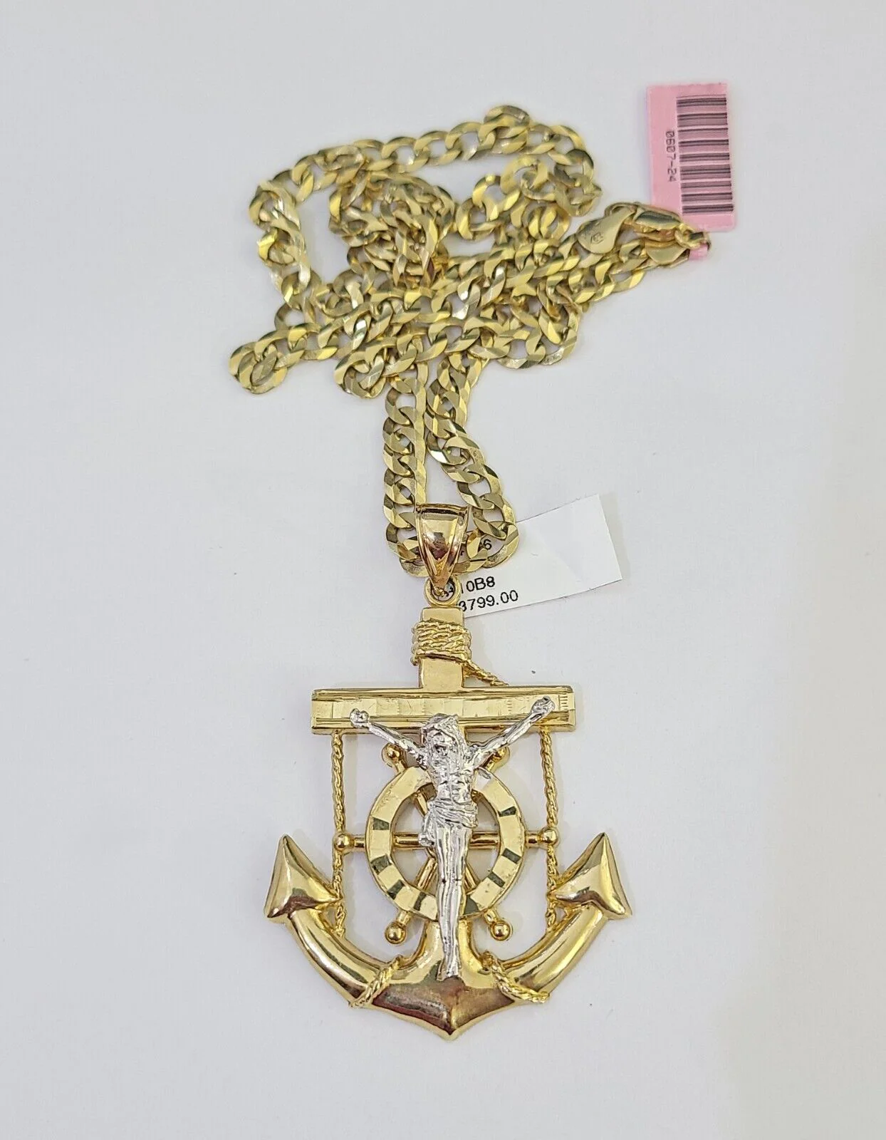 14k Gold Chain Jesus Anchor Charm Solid Cuban Curb 5mm 20"-26" Inch SET Necklace - Image 5