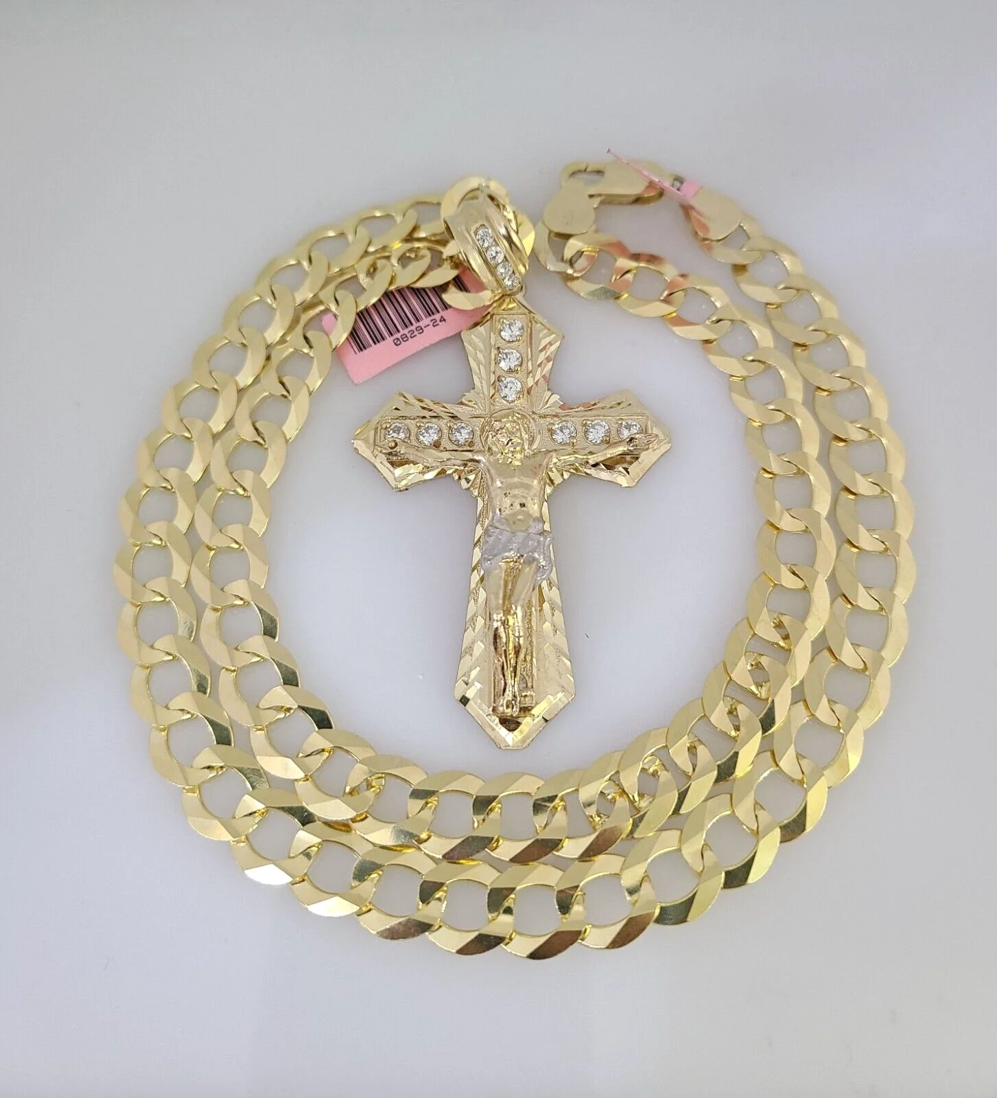 14k Gold Chain Jesus Cross Charm Solid Cuban Curb 10mm 20"-30" SET Necklace - Image 2