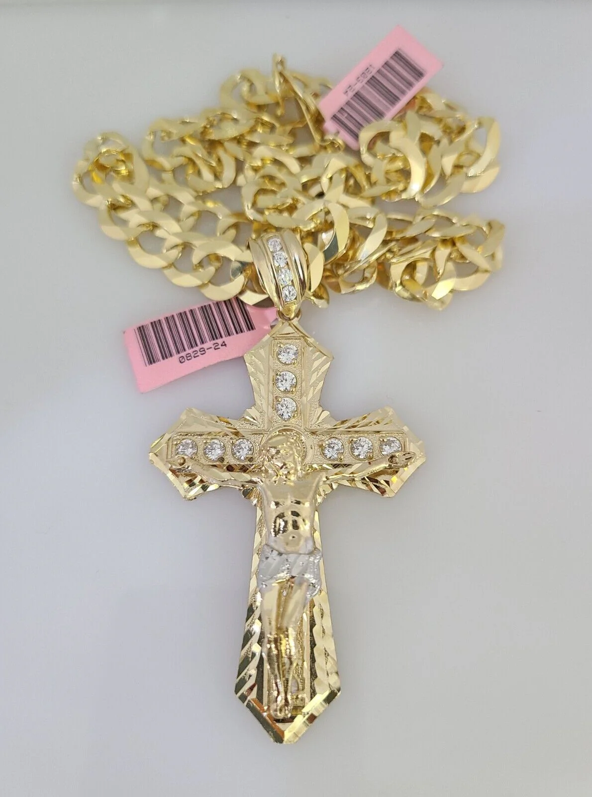 14k Gold Chain Jesus Cross Charm Solid Cuban Curb 10mm 20"-30" SET Necklace - Image 5