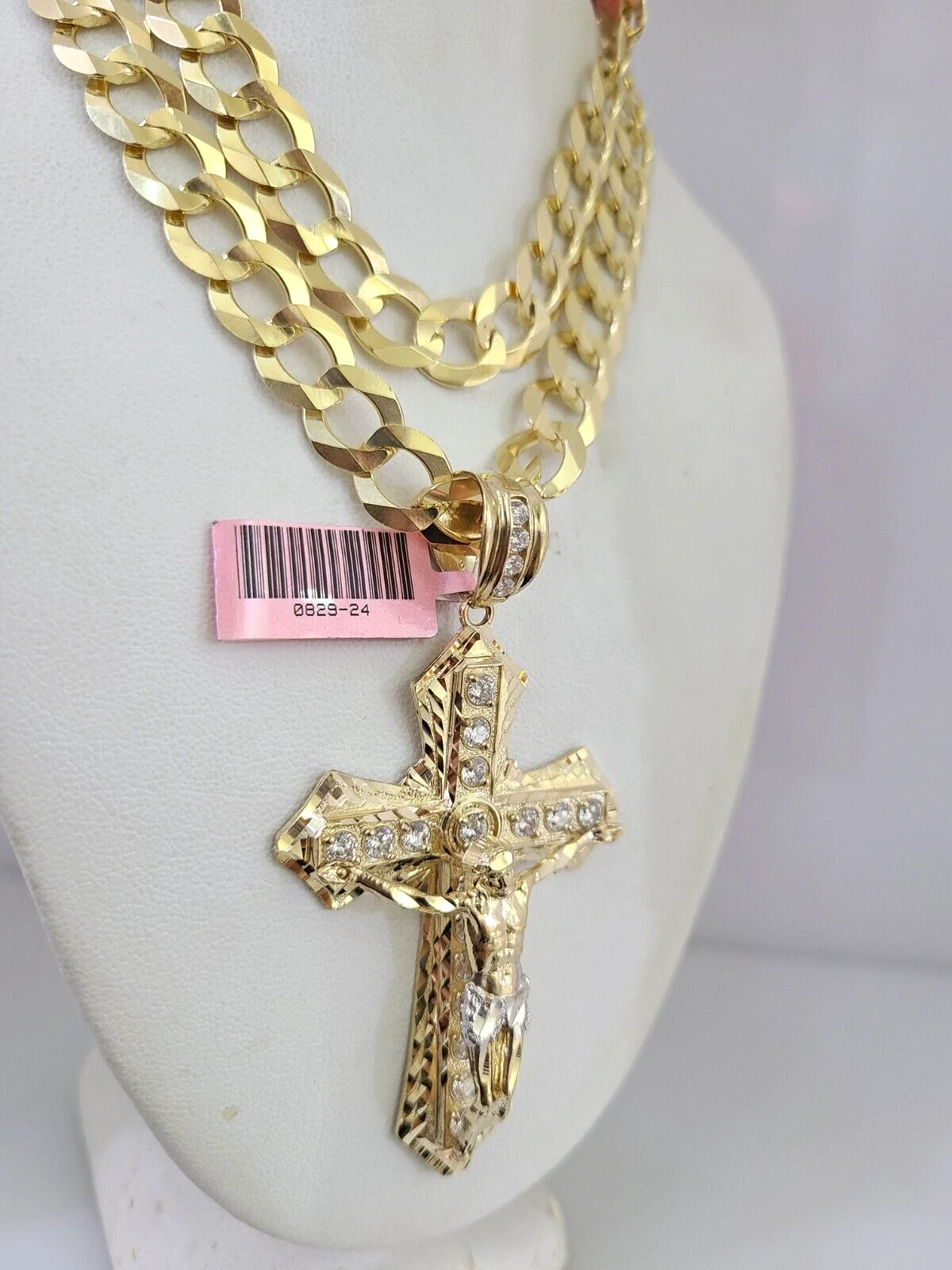 14k Gold Chain Jesus Cross Charm Solid Cuban Curb 10mm 20"-30" SET Necklace - Image 6