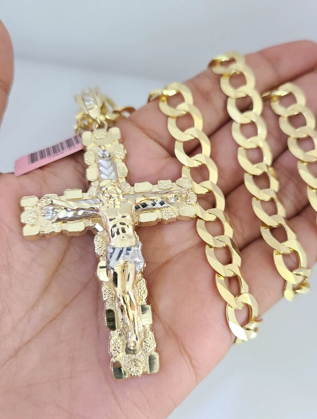 14k Gold Chain Jesus Cross Charm Solid Cuban Curb 10mm 20"-30" SET Necklace - Image 2