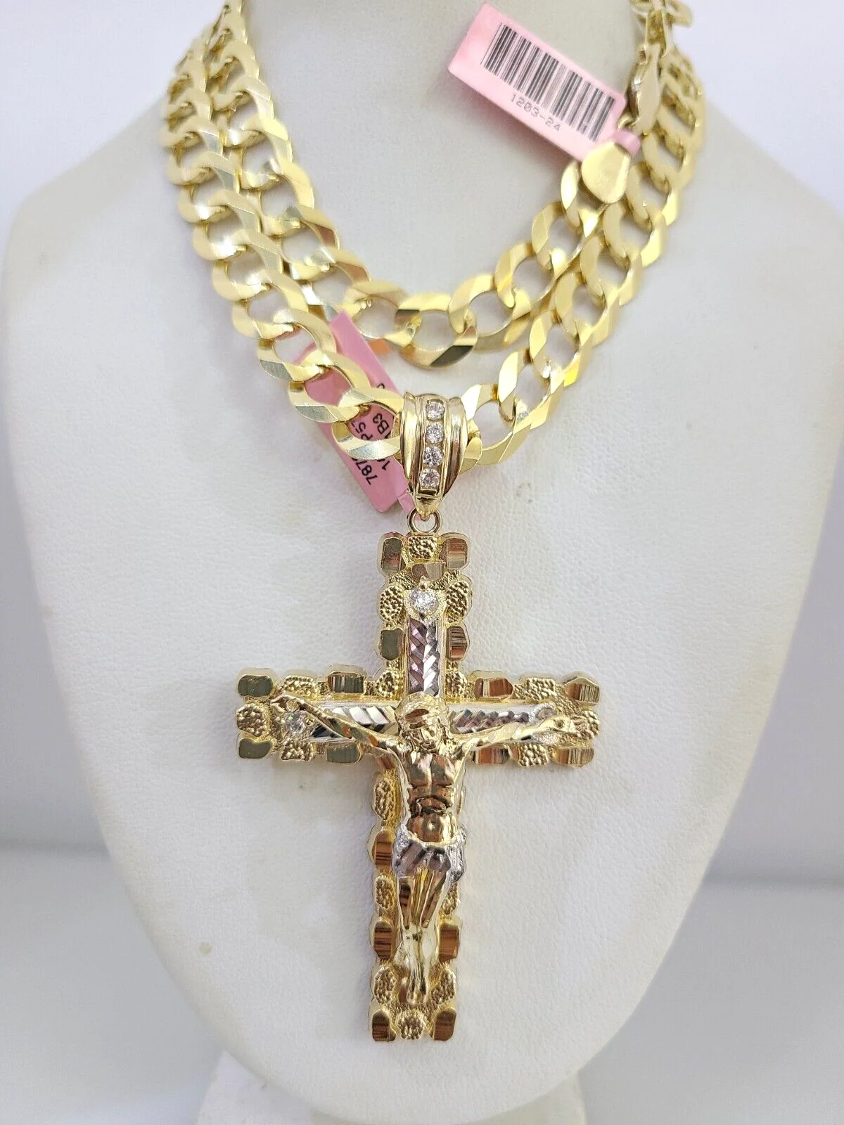 14k Gold Chain Jesus Cross Charm Solid Cuban Curb 10mm 20"-30" SET Necklace - Image 4