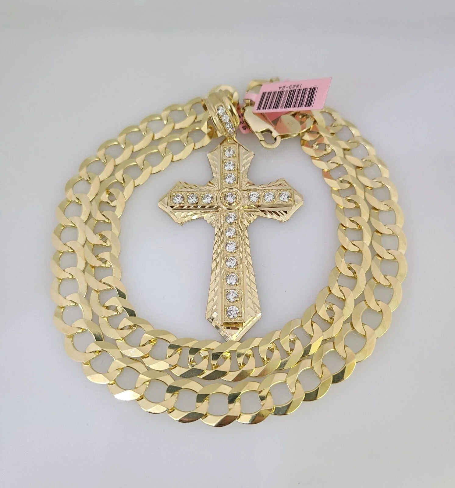 14k Gold Chain Jesus Cross Charm Solid Cuban Curb 10mm 20"-30" SET Necklace - Image 2