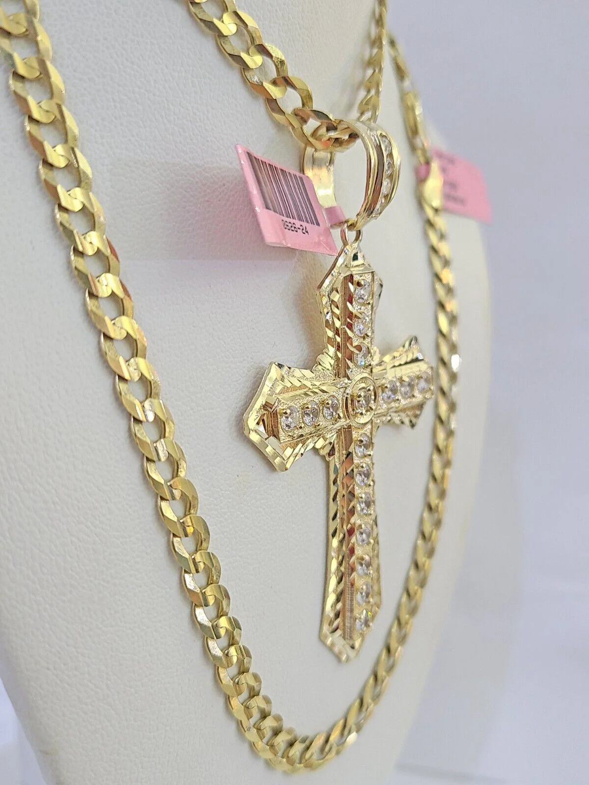 14k Gold Chain Jesus Cross Charm Solid Cuban Curb 5mm 20"-26" Inch SET Necklace - Image 2