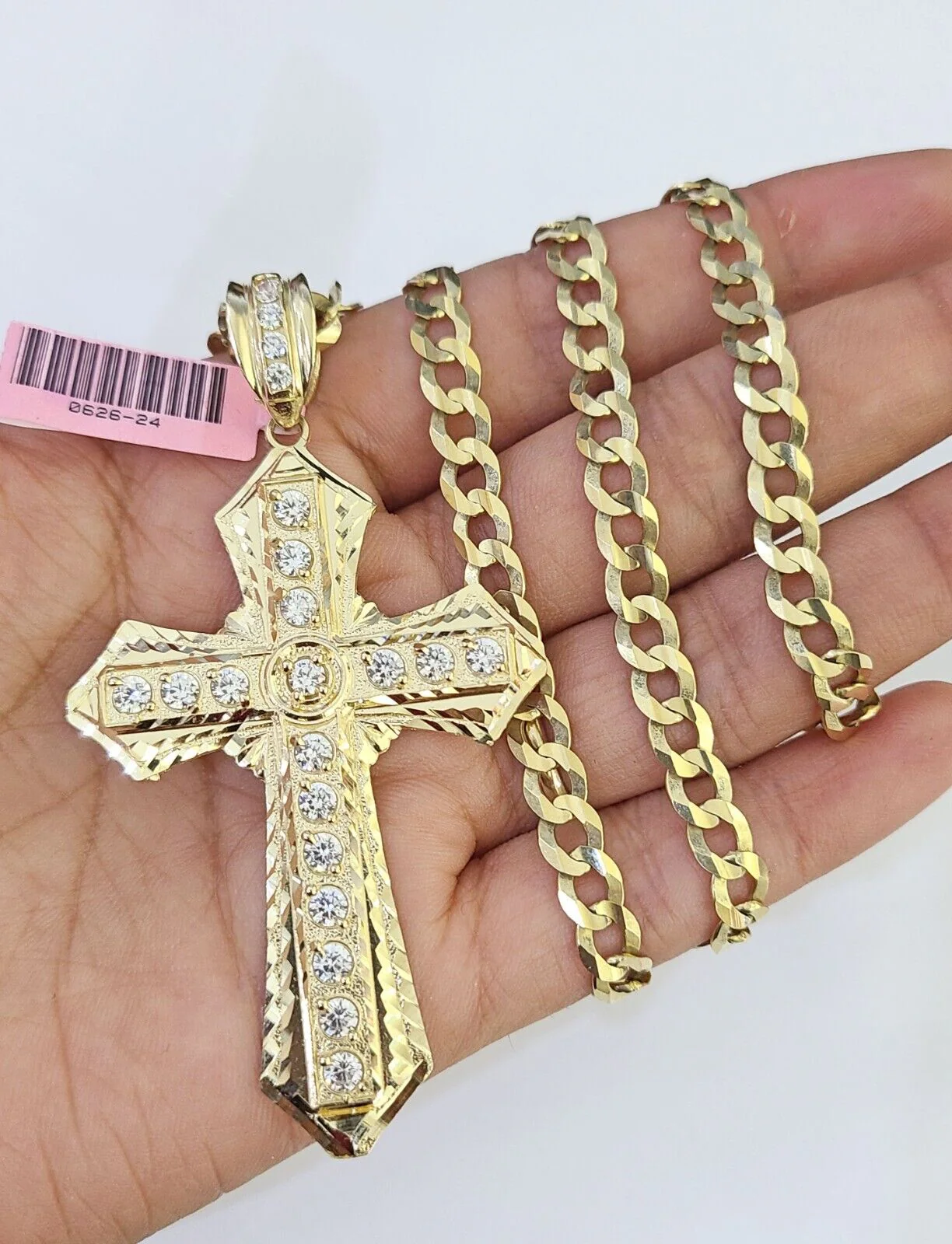 14k Gold Chain Jesus Cross Charm Solid Cuban Curb 5mm 20"-26" Inch SET Necklace - Image 4