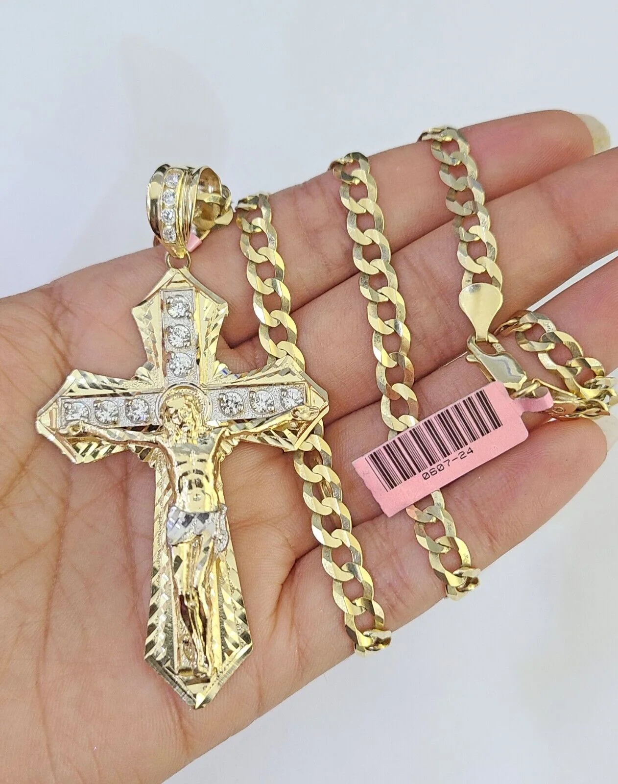14k Gold Chain Jesus Cross Charm Solid Cuban Curb 5mm 20"-26" Inch SET Necklace - Image 2