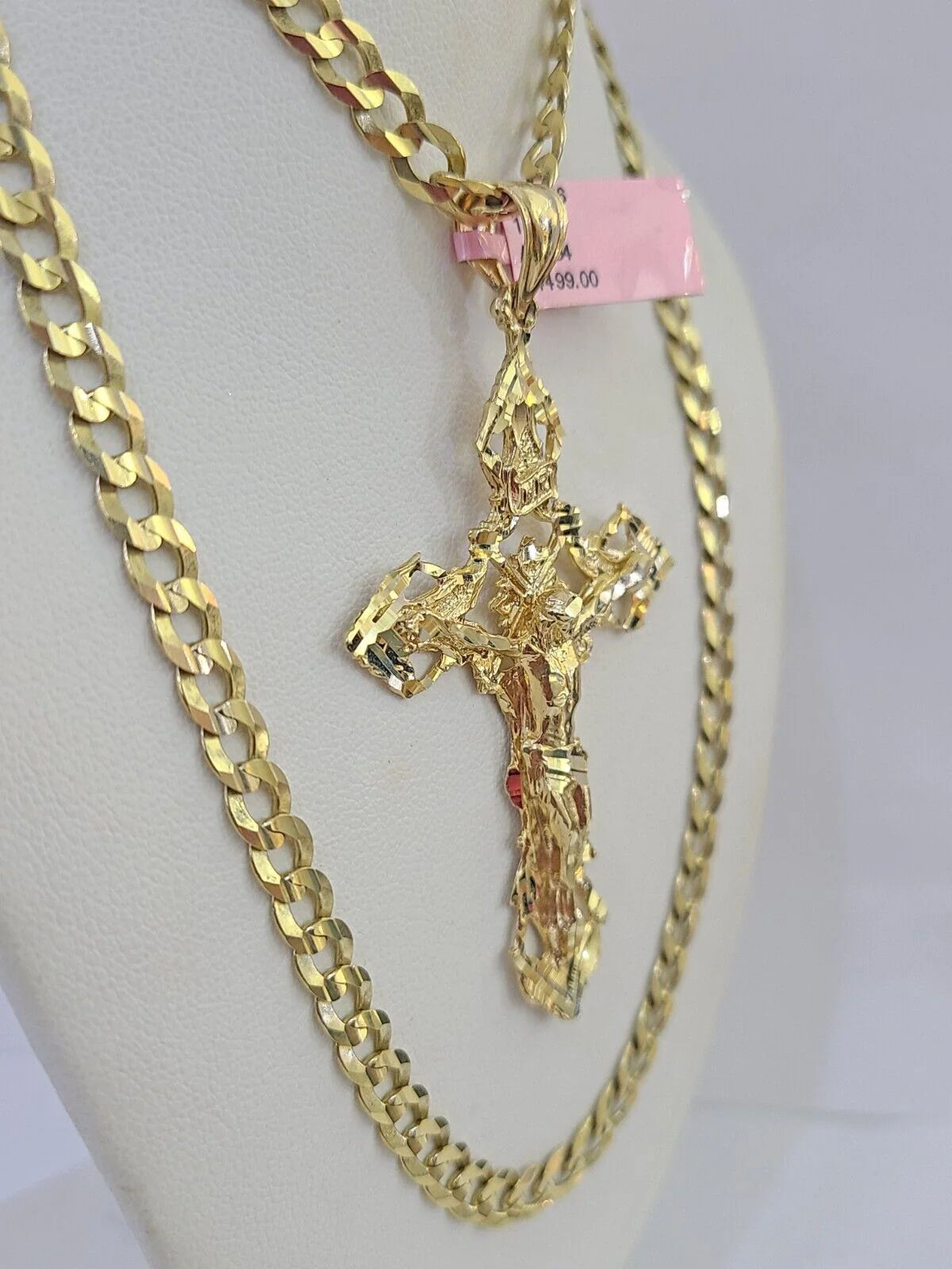 14k Gold Chain Jesus Cross Charm Solid Cuban Curb 5mm 20"-26" Inch SET Necklace - Image 2