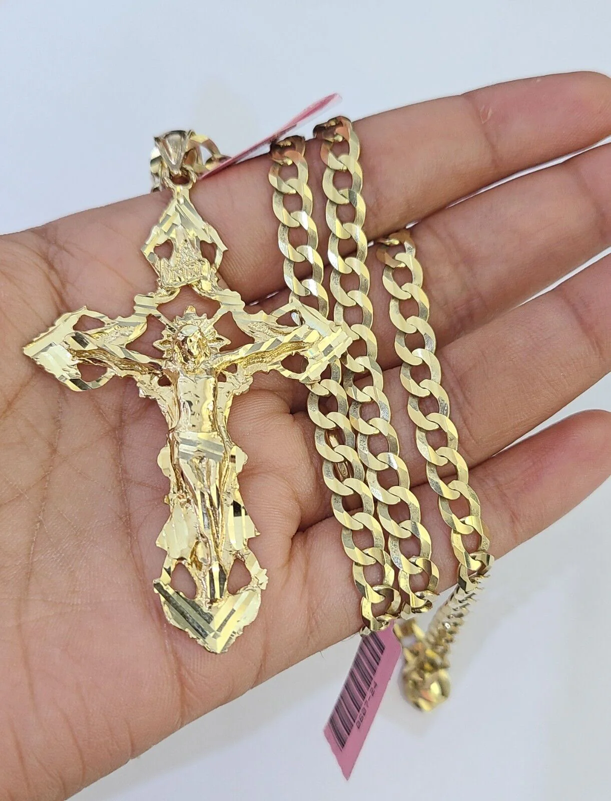 14k Gold Chain Jesus Cross Charm Solid Cuban Curb 5mm 20"-26" Inch SET Necklace - Image 4