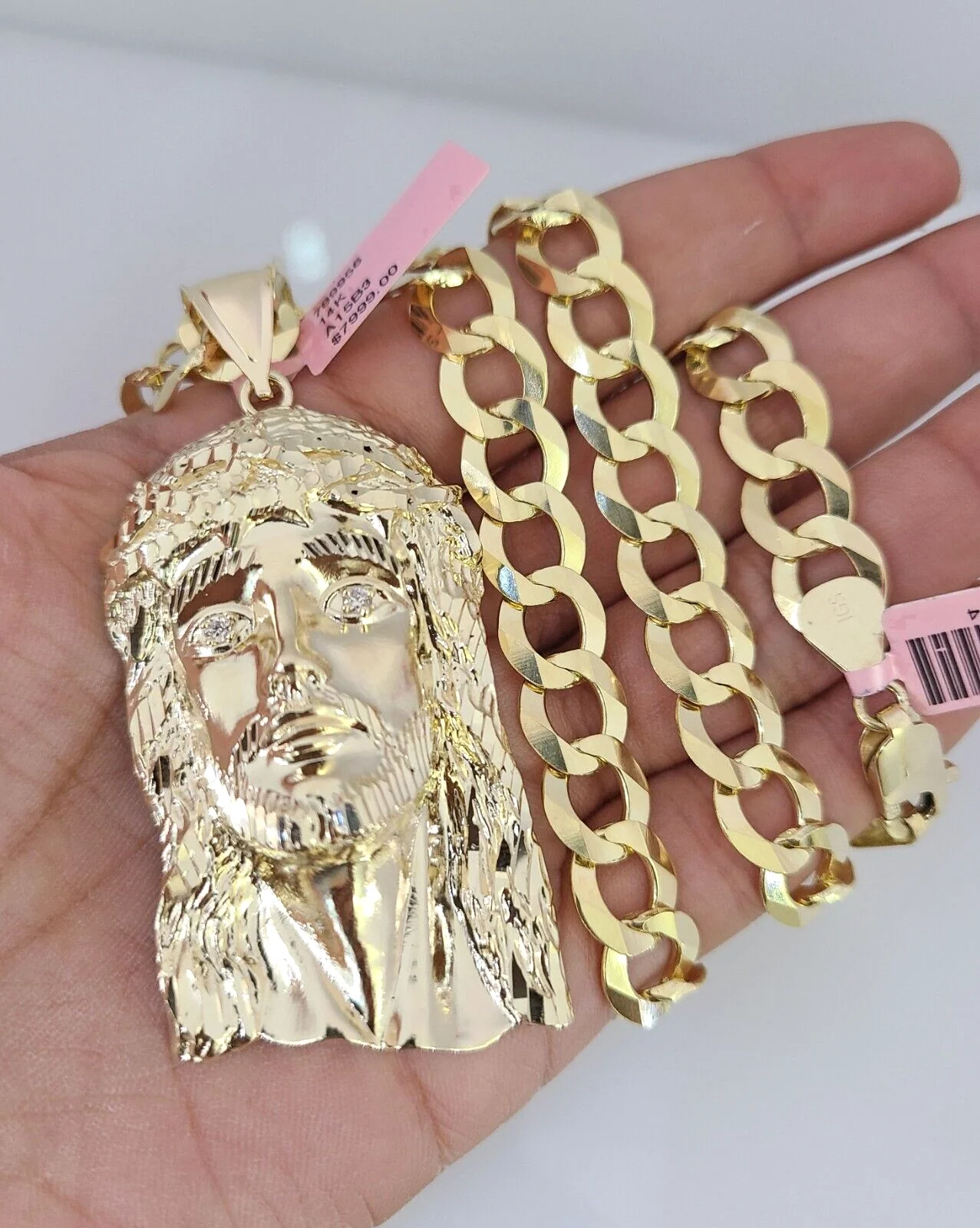 14k Gold Chain Jesus Head Charm Solid Cuban Curb 10mm 20"-30" SET Necklace - Image 2