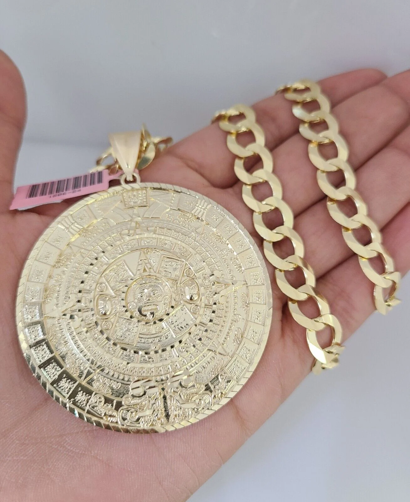 14k Gold Chain Mayan Calendar Charm Solid Cuban Curb 10mm 20"-30" SET Necklace - Image 6