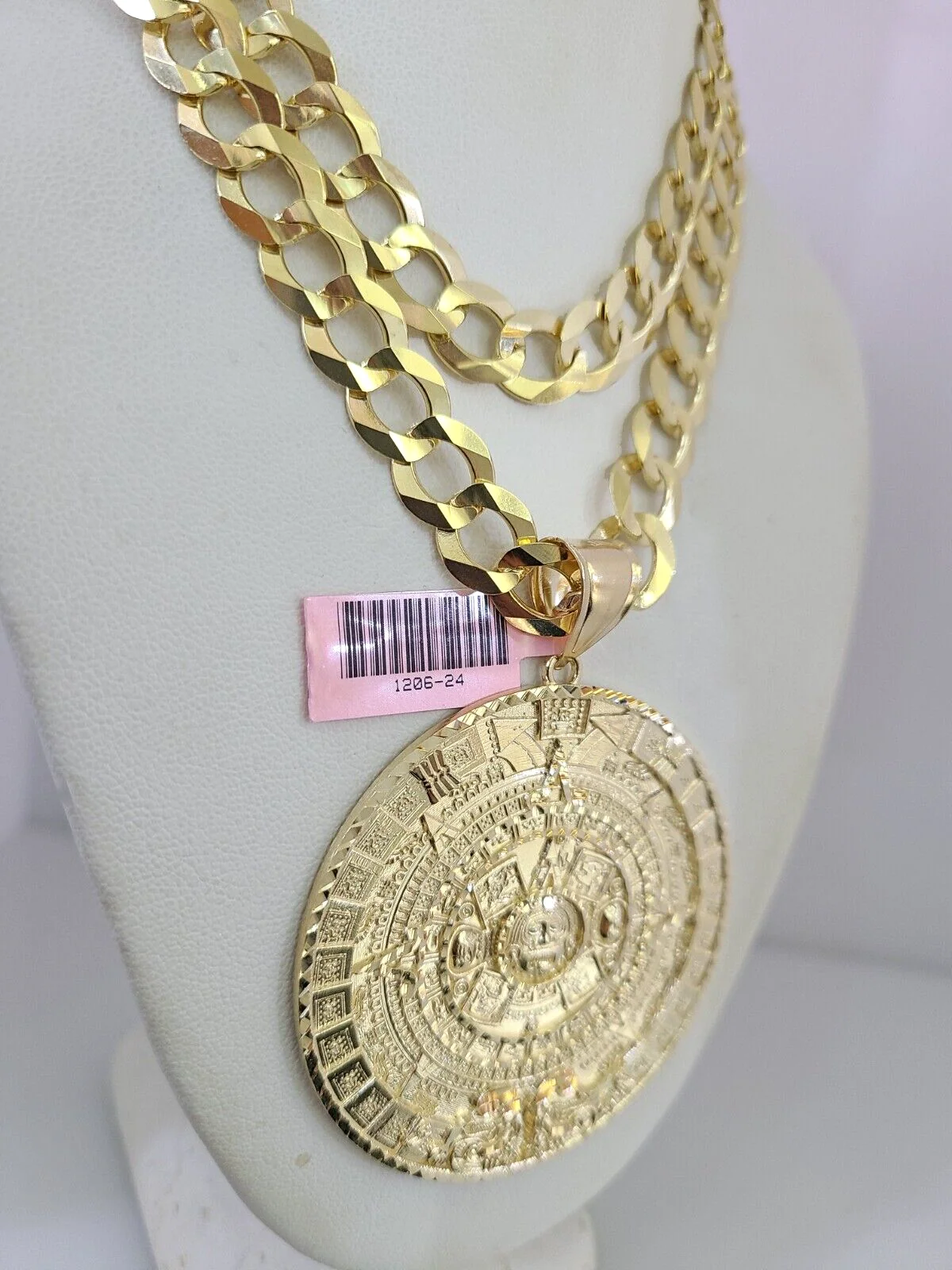 14k Gold Chain Mayan Calendar Charm Solid Cuban Curb 10mm 20"-30" SET Necklace - Image 8