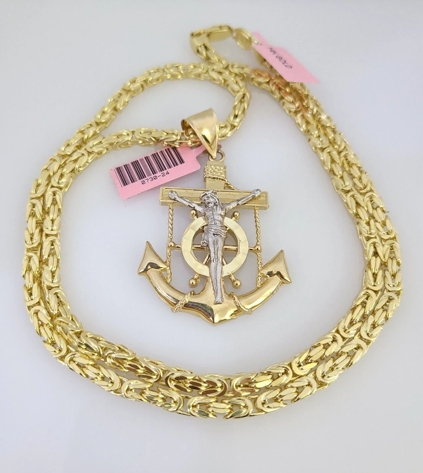 14K Gold Necklace Chain Jesus Anchor Charm Turkish Byzantine 4mm 24" Pendant