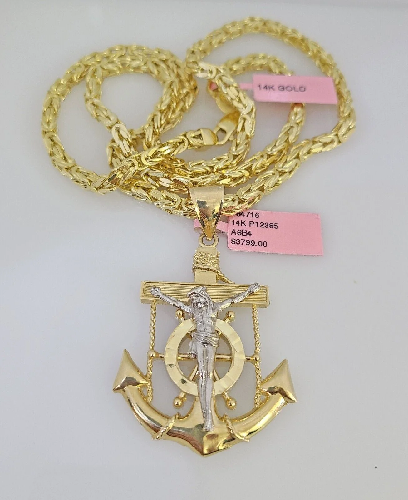 14K Gold Necklace Chain Jesus Anchor Charm Turkish Byzantine 4mm 24" Pendant - Image 5