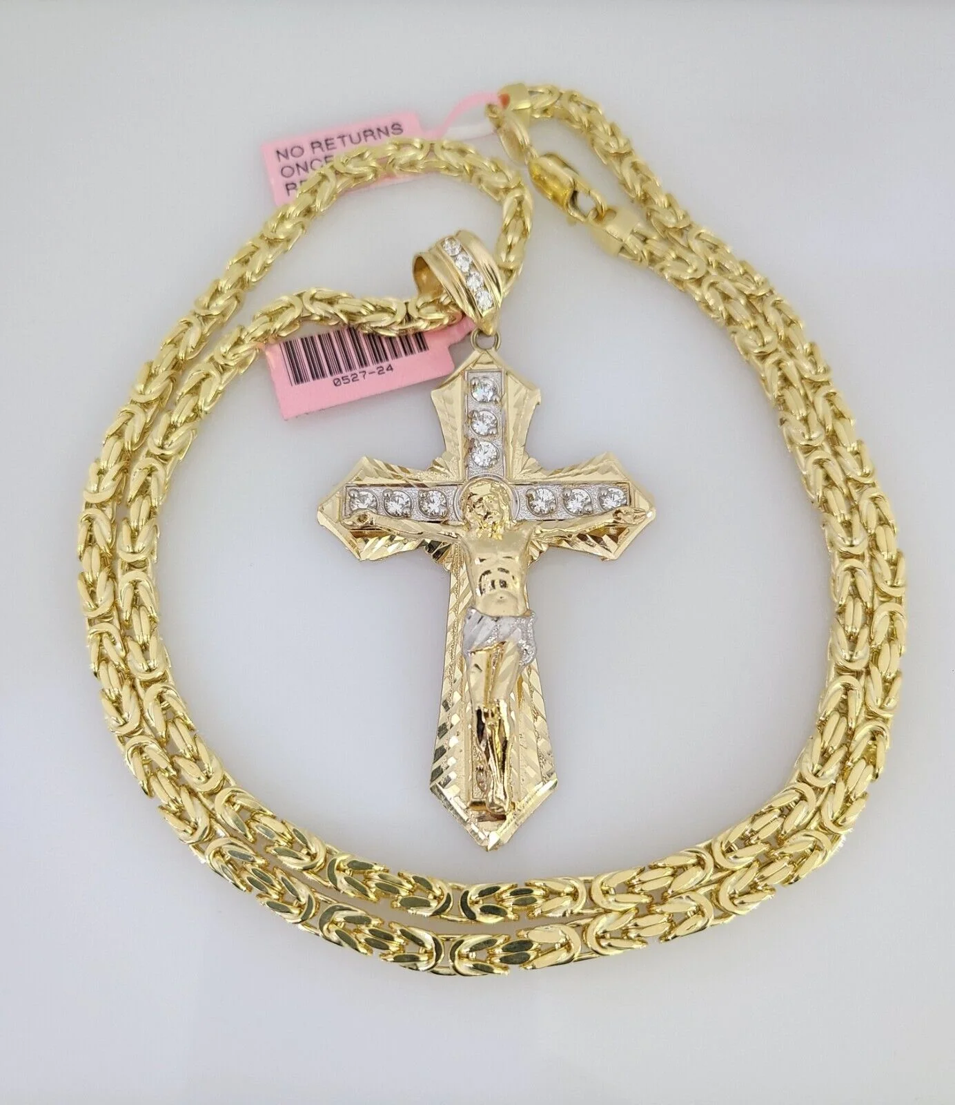 14K Gold Necklace Chain Jesus Crucifix Cross Charm Turkish Byzantine 4mm 24" - Image 2