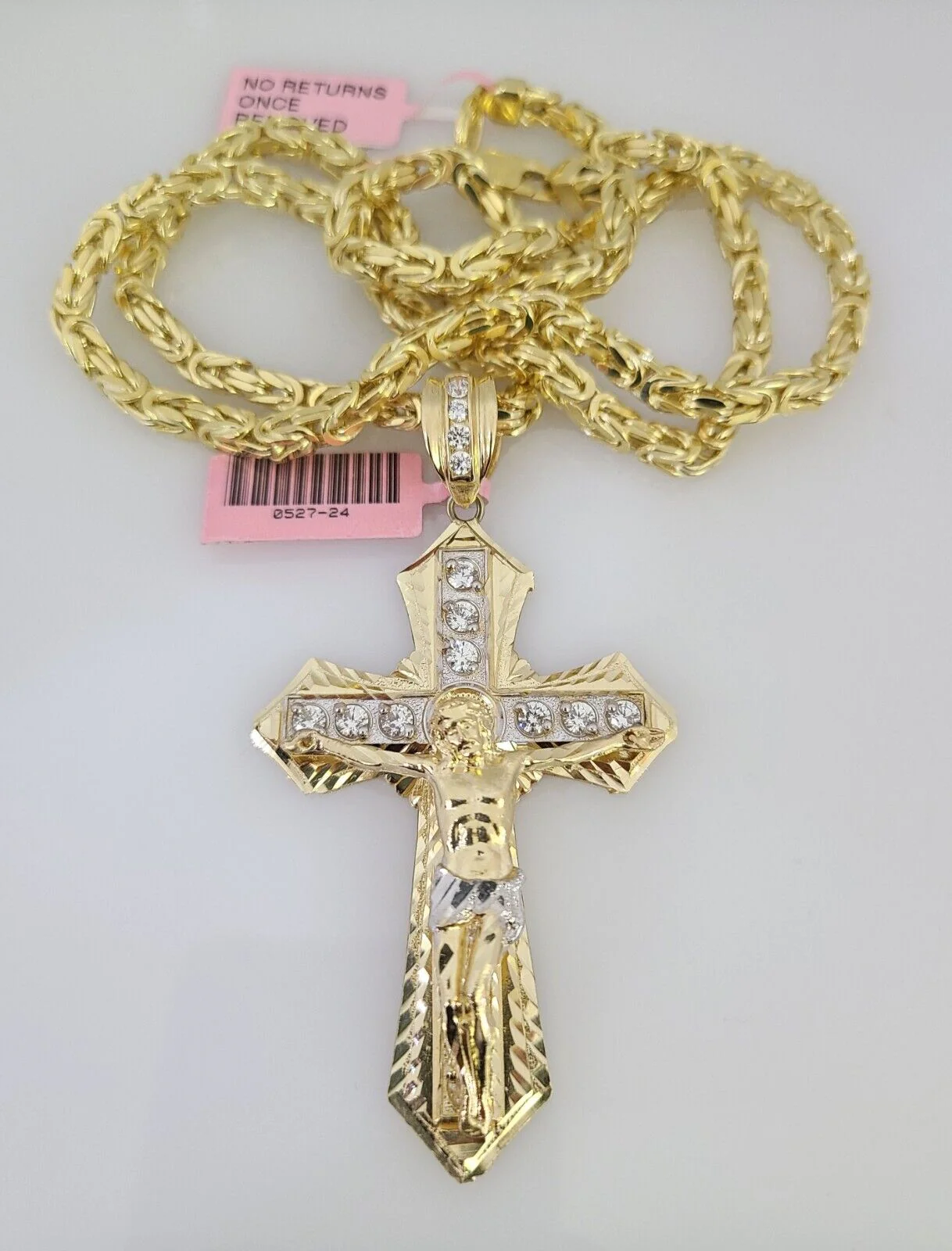 14K Gold Necklace Chain Jesus Crucifix Cross Charm Turkish Byzantine 4mm 24" - Image 3