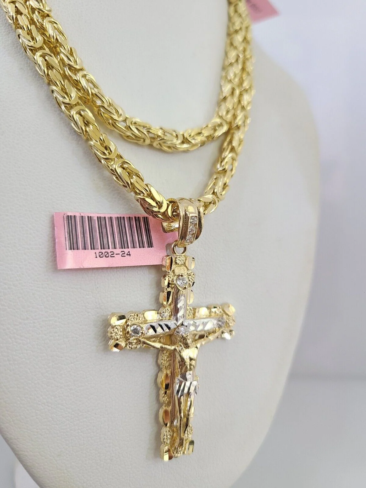 14K Gold Necklace Chain Jesus Nugget Cross Turkish Byzantine 4mm 24" Pendant - Image 5