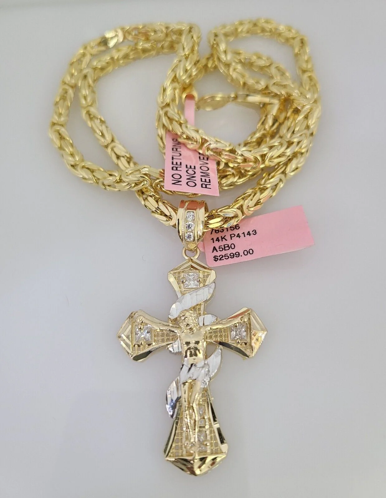 14K Gold Necklace Chain Jesus Spiral Cross Charm Turkish Byzantine 4mm 24" - Image 4
