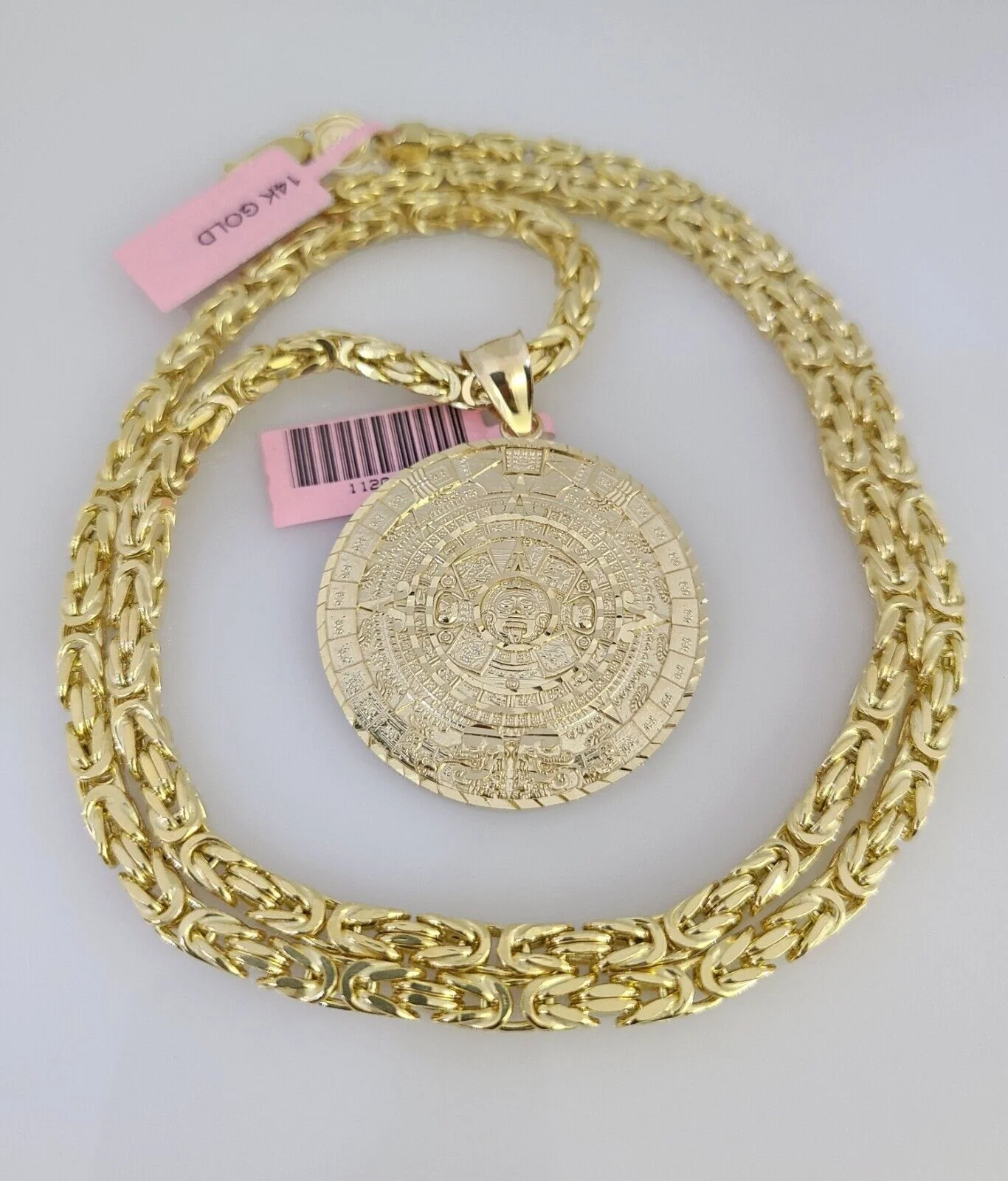 14K Gold Necklace Chain Mayan Calendar Charm Turkish Byzantine 4mm 24" Pendant - Image 3