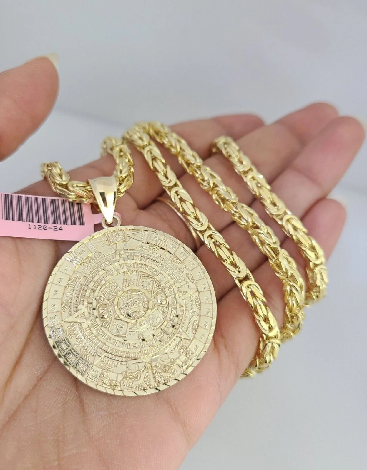 14K Gold Necklace Chain Mayan Calendar Charm Turkish Byzantine 4mm 24" Pendant - Image 4