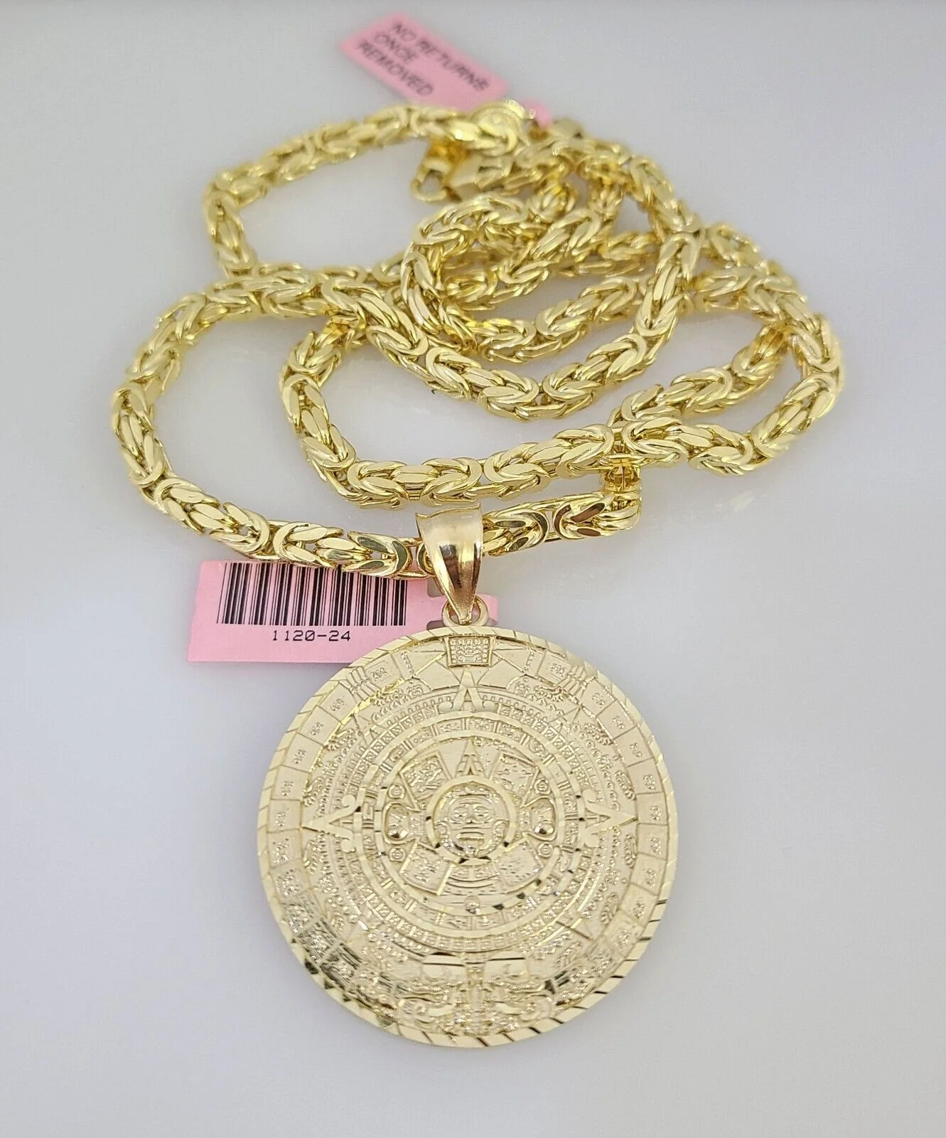 14K Gold Necklace Chain Mayan Calendar Charm Turkish Byzantine 4mm 24" Pendant - Image 5