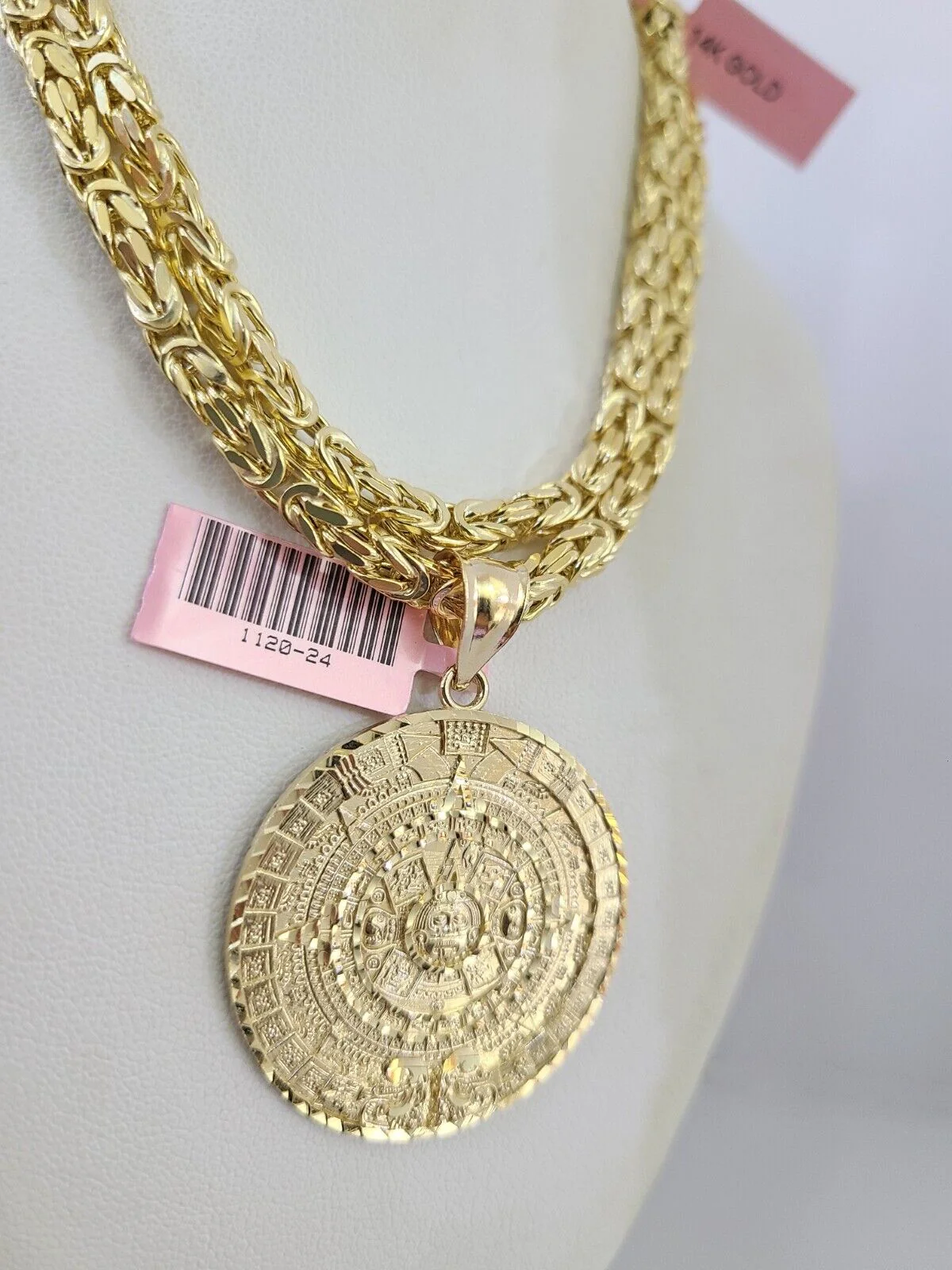 14K Gold Necklace Chain Mayan Calendar Charm Turkish Byzantine 4mm 24" Pendant - Image 6