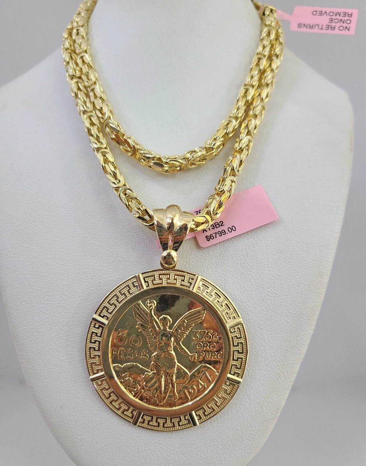 14K Gold Necklace Chain Mexican Coin Charm Turkish Byzantine 4mm 24" Pendant - Image 3