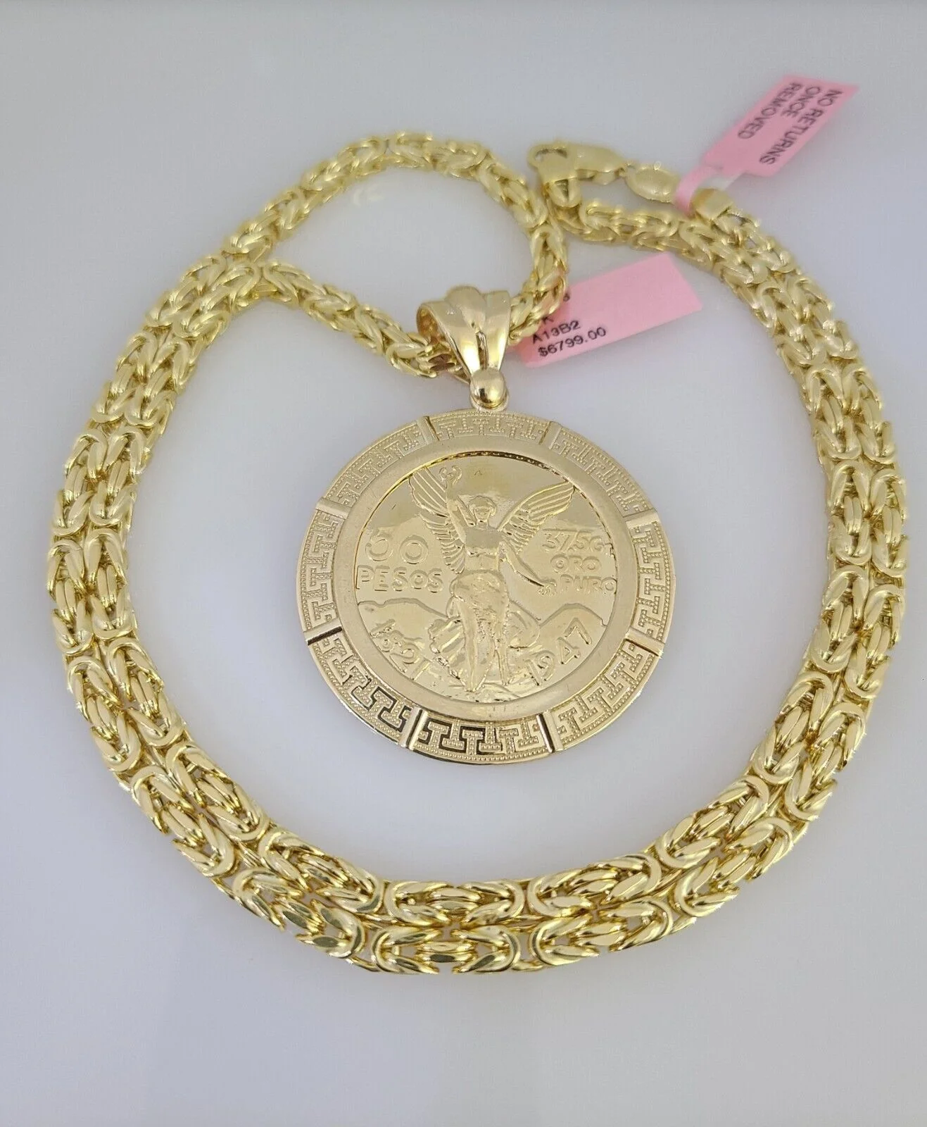 14K Gold Necklace Chain Mexican Coin Charm Turkish Byzantine 4mm 24" Pendant - Image 4