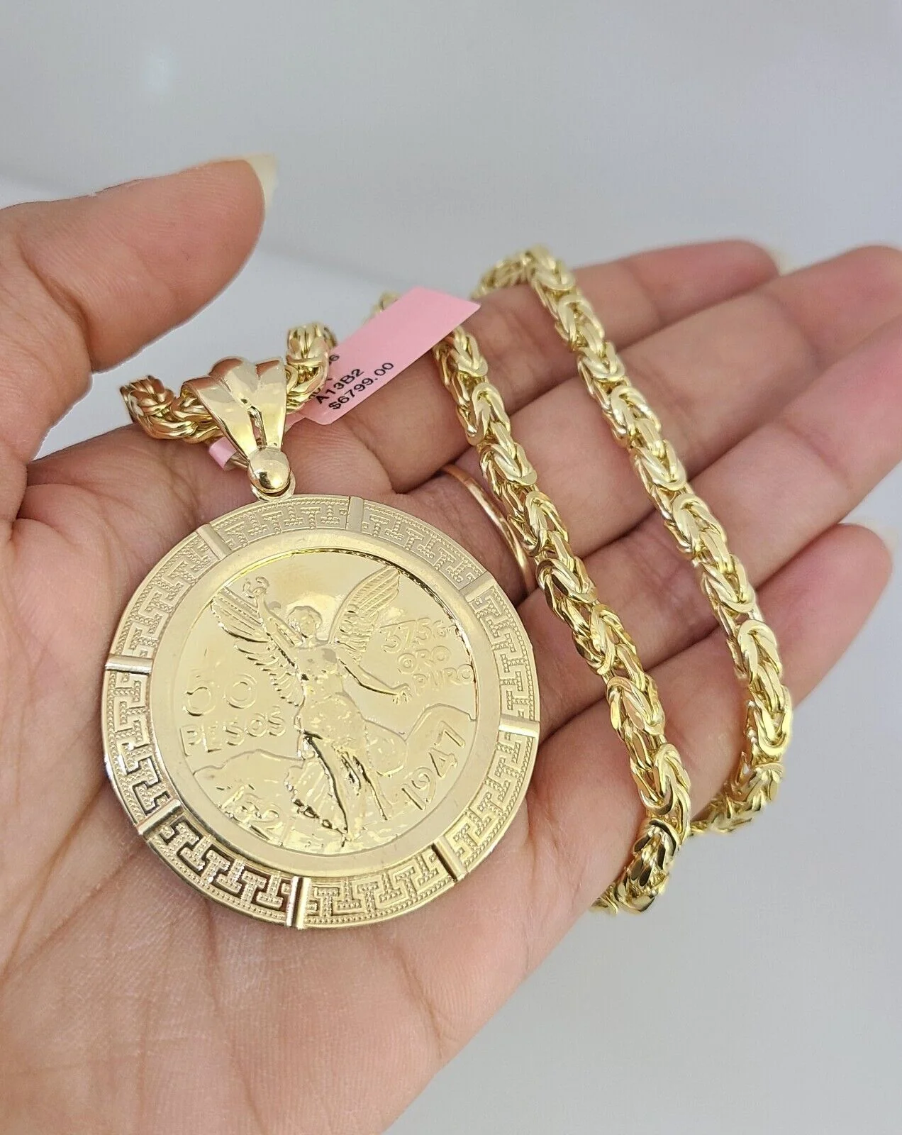 14K Gold Necklace Chain Mexican Coin Charm Turkish Byzantine 4mm 24" Pendant - Image 5
