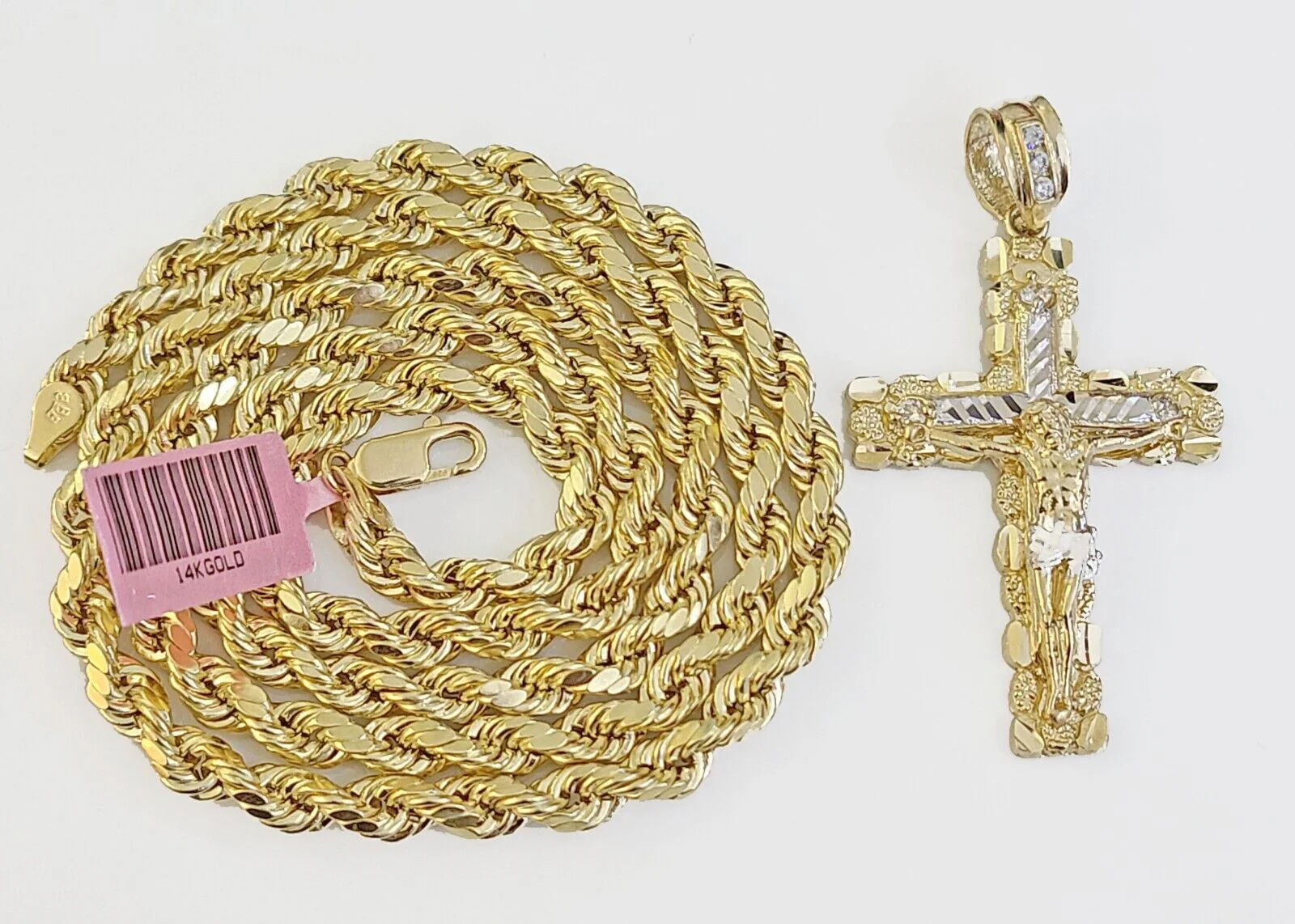 14k Gold Nugget Cross Pendent and 5mm 24 Inches Rope Chain - Image 6