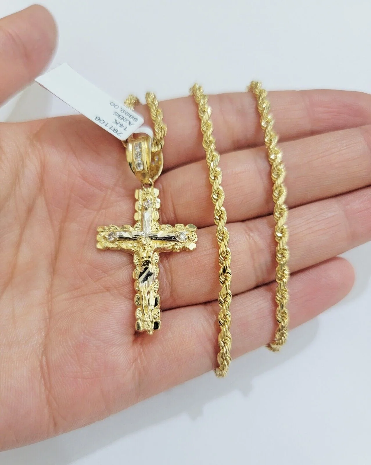 14k Gold Rope Chain Necklace Cross Charm Pendant Set 16-28" inch 3mm , Real 14KT - Image 3