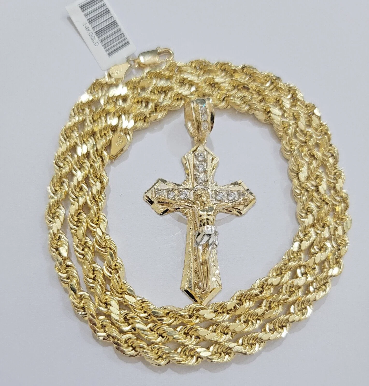 14k Gold Rope Chain Necklace Jesus Cross Charm Pendant Set 18-28" inch 5mm, REAL - Image 3