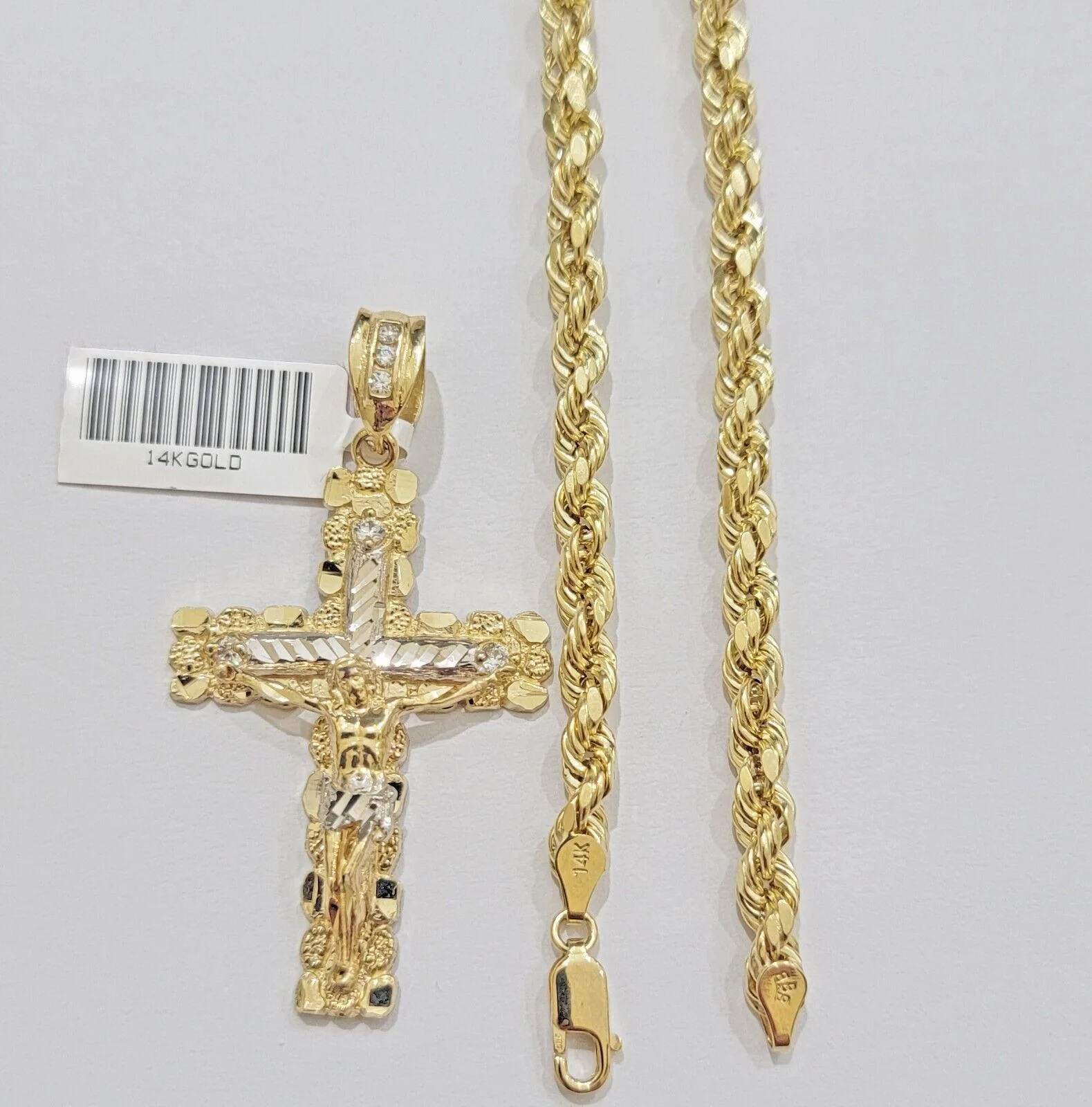 14k Gold Rope Chain Necklace Jesus Cross Charm Pendant Set 20-28" inch 5mm, REAL - Image 4
