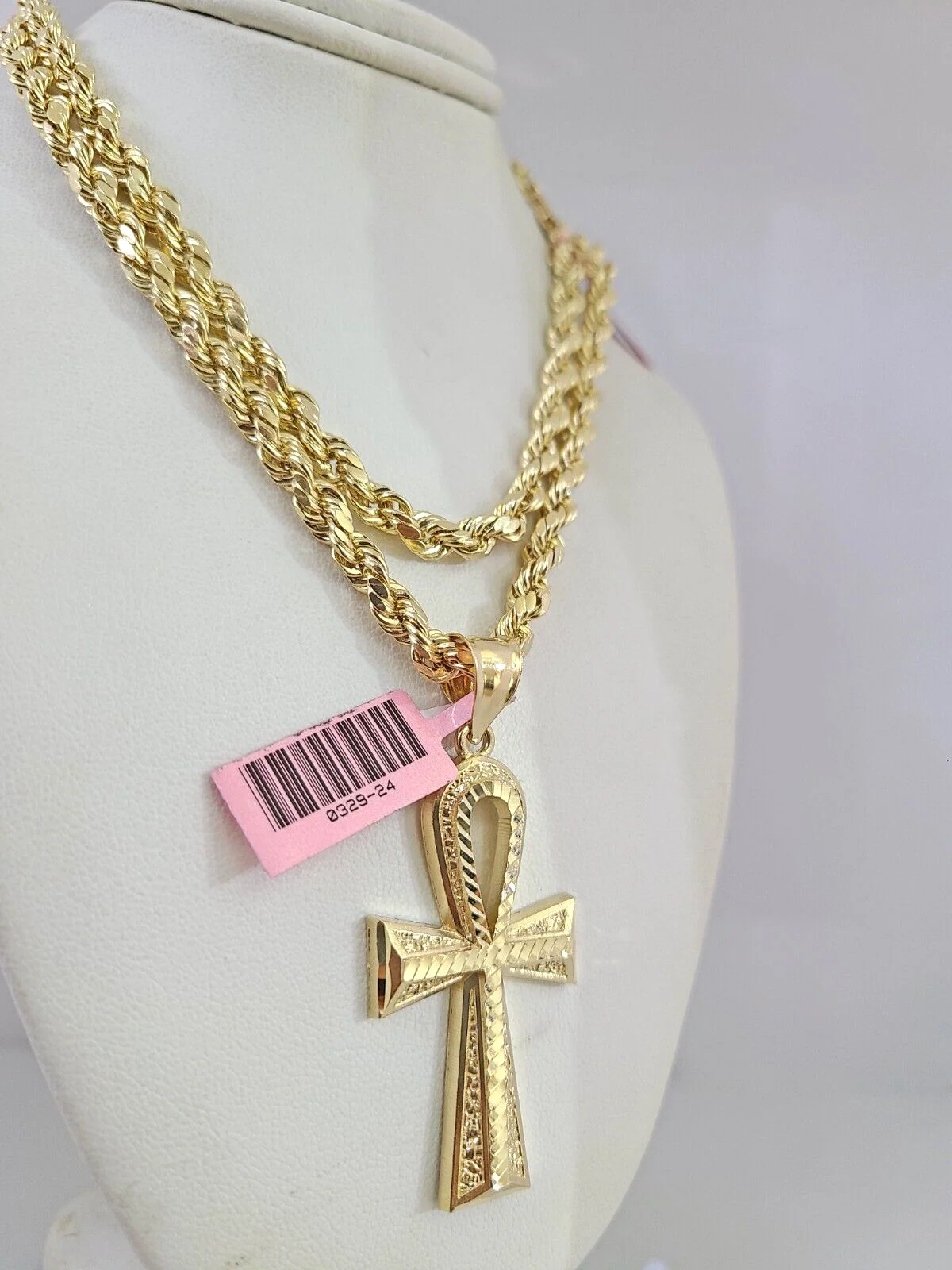 14k Gold Rope Chain Necklace Set 6mm Ankh Cross Charm Pendant 18"-28" inch - Image 3