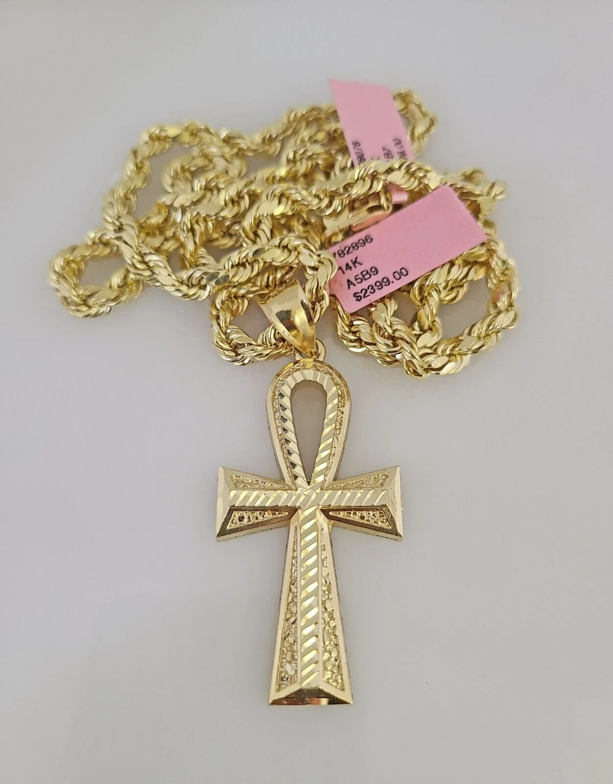 14k Gold Rope Chain Necklace Set 6mm Ankh Cross Charm Pendant 18"-28" inch - Image 4