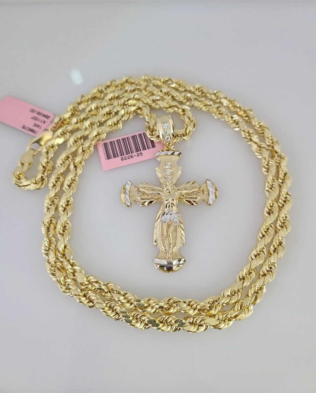 14k Gold Rope Chain Necklace Set 6mm Jesus Cross Charm Pendant 18"-28" inch - Image 2
