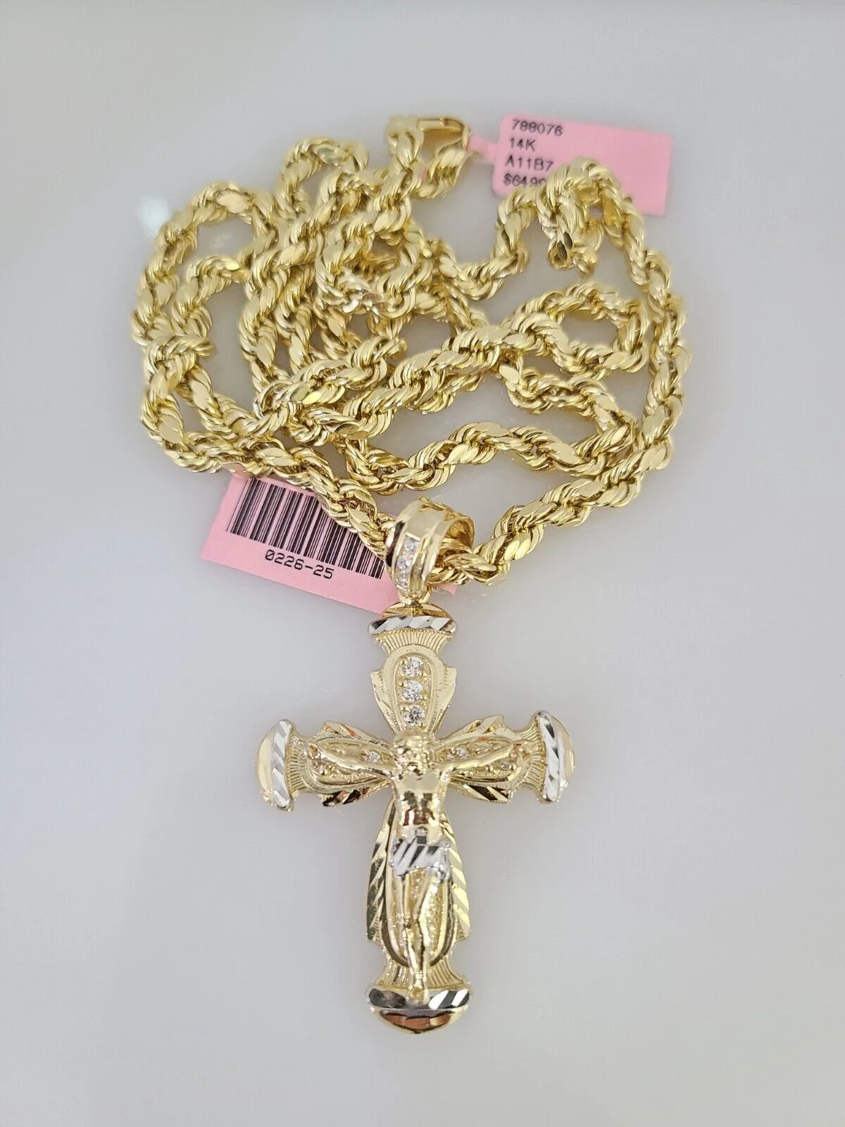 14k Gold Rope Chain Necklace Set 6mm Jesus Cross Charm Pendant 18"-28" inch - Image 5