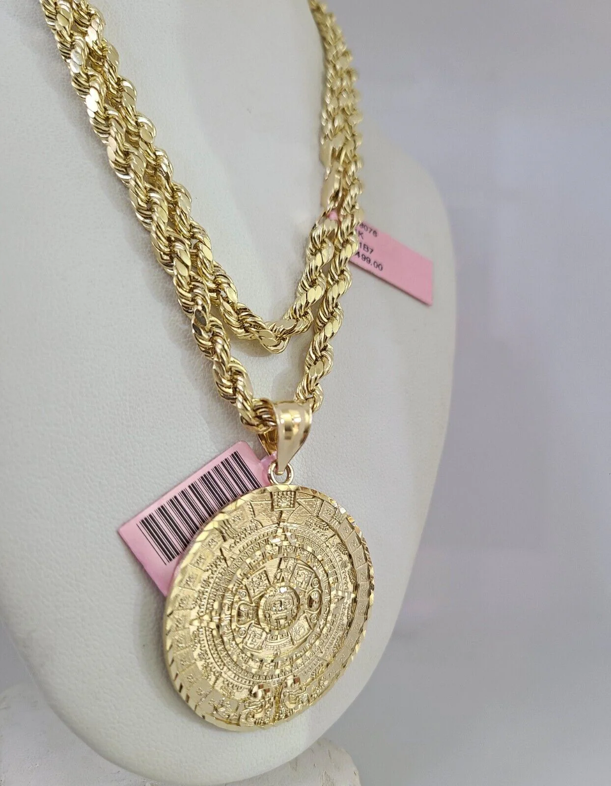 14k Gold Rope Chain Necklace Set 6mm Mayan Calendar Charm Pendant 18"-28" inch - Image 4
