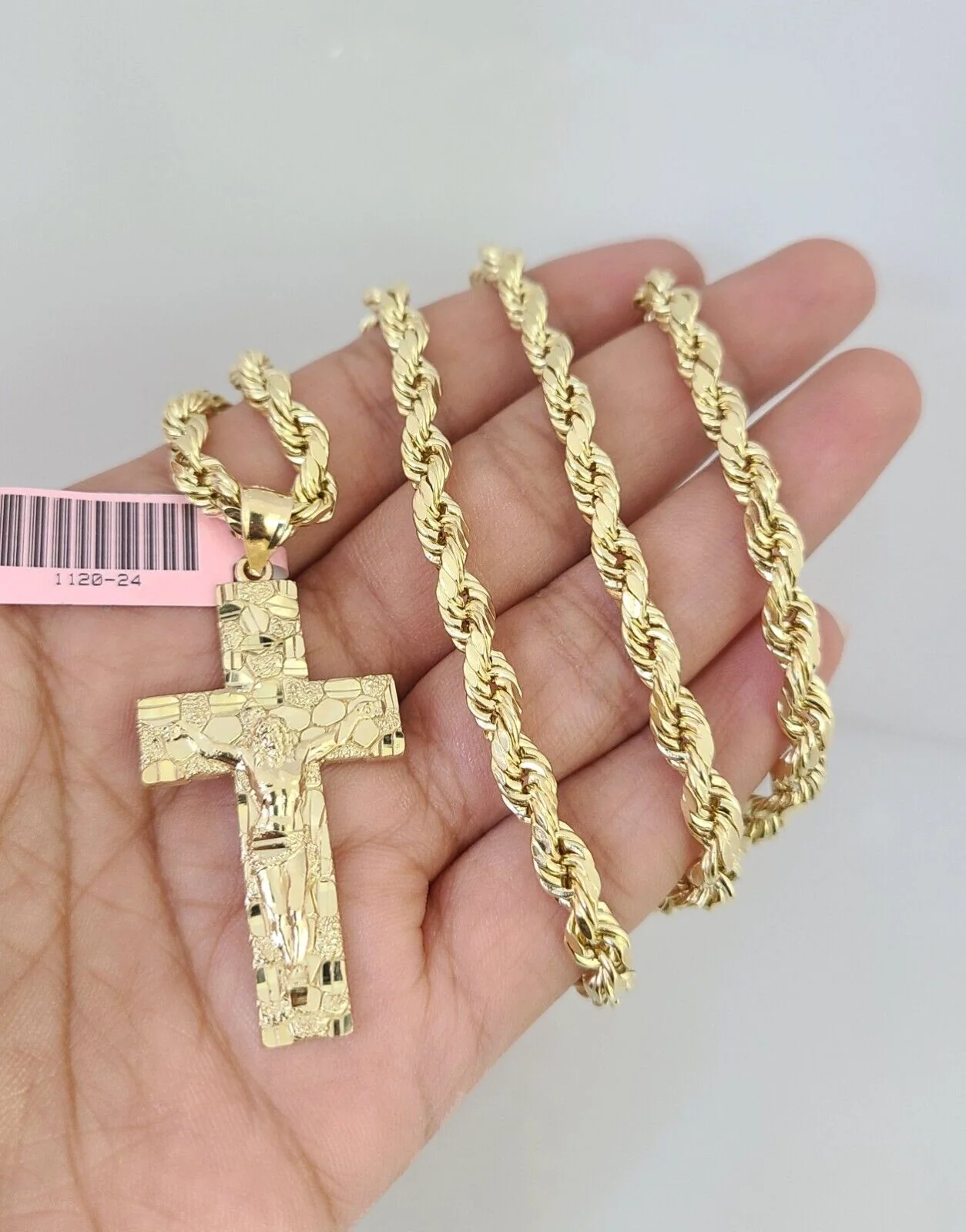 14k Gold Rope Chain Necklace Set 6mm Nugget Cross Charm Pendant 18"-28" inch